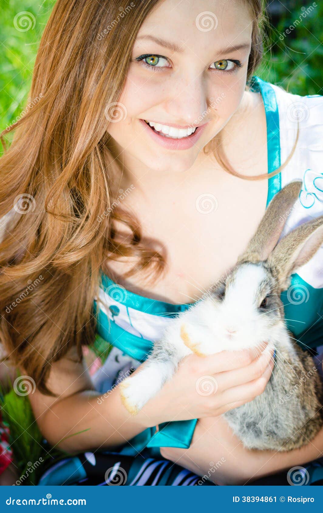 Young Sweet Brunette Smiling Girl With A Rabbit Stock Image Image Of