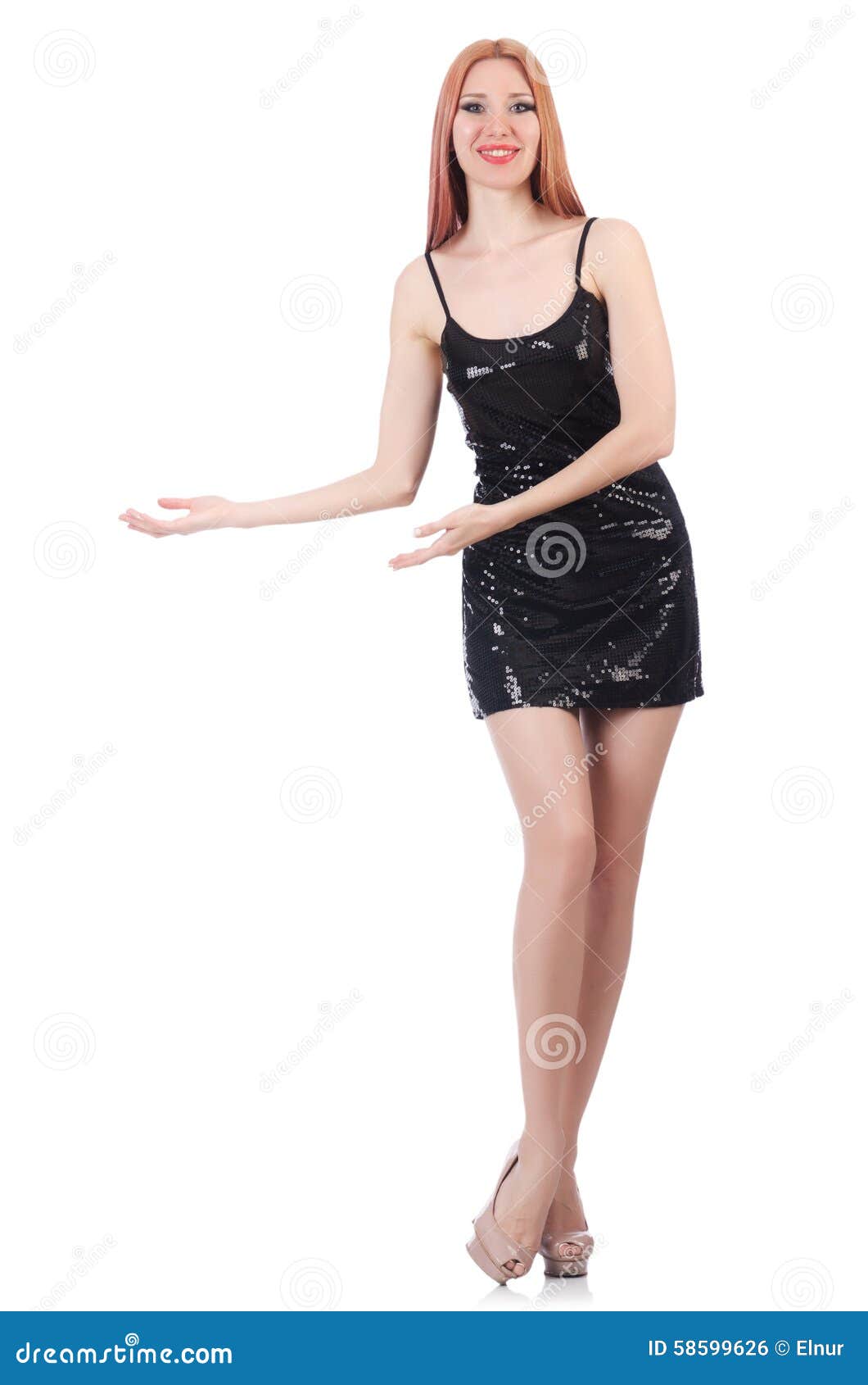 Young Tall Woman in Black Dress Isolated on White Stock Photo Image