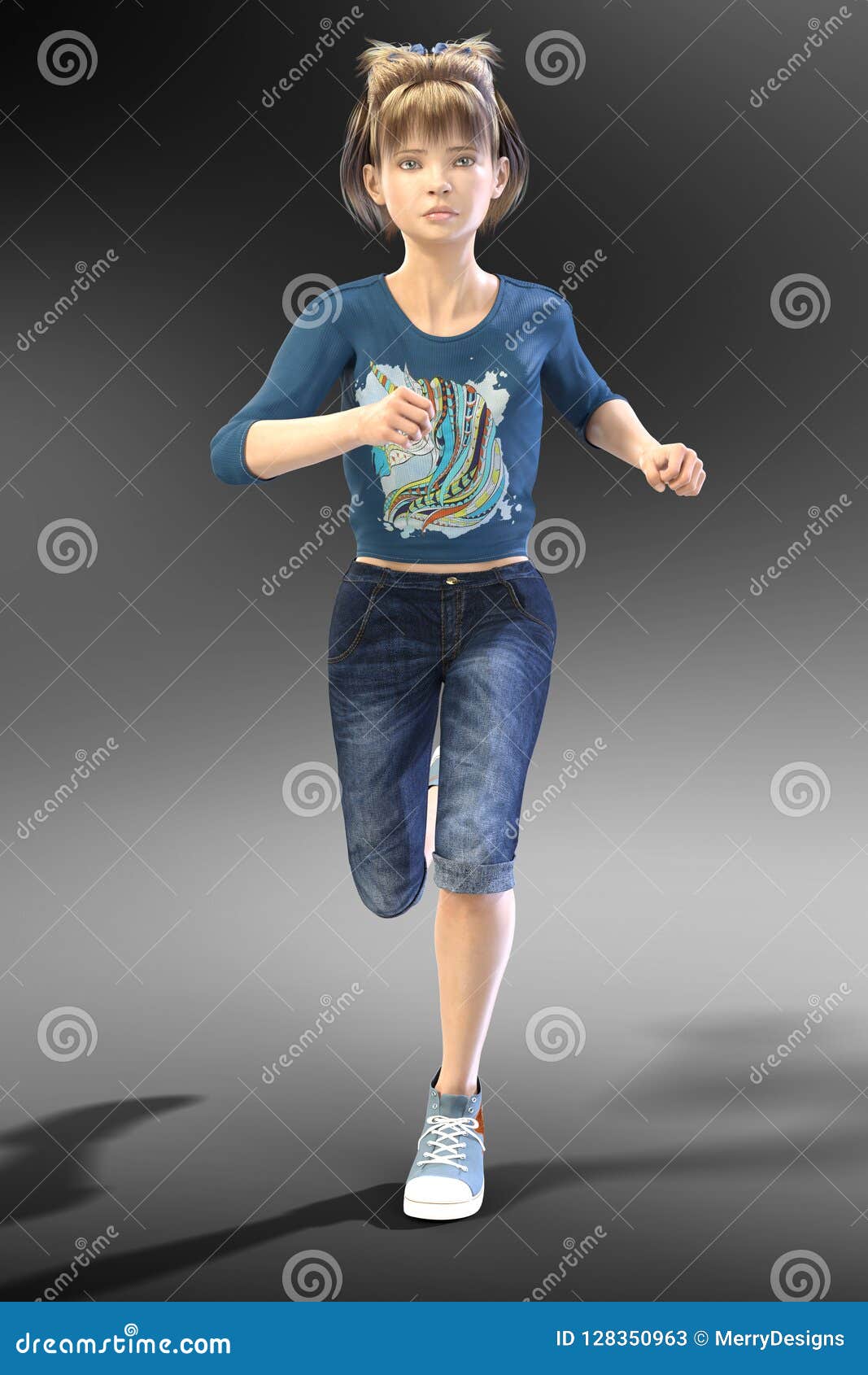 young teen child cgi character running towards camera