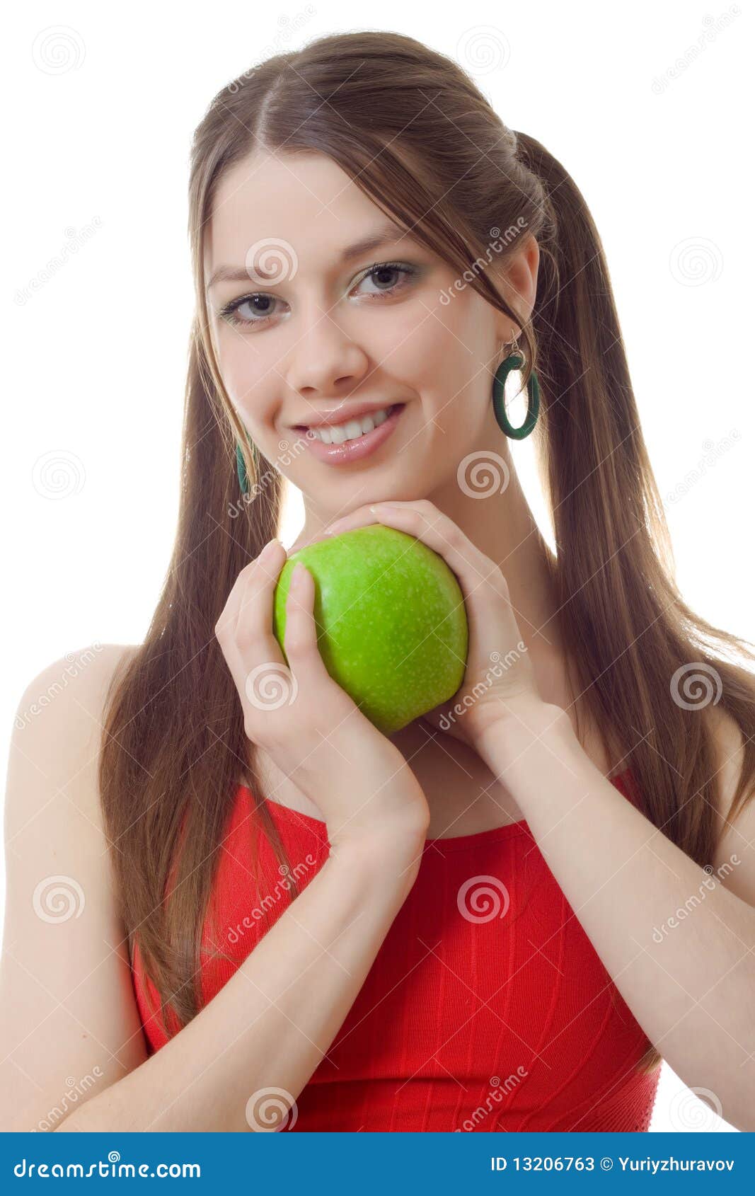 Young Teen Woman Pigtails Green Apple Stock Image I