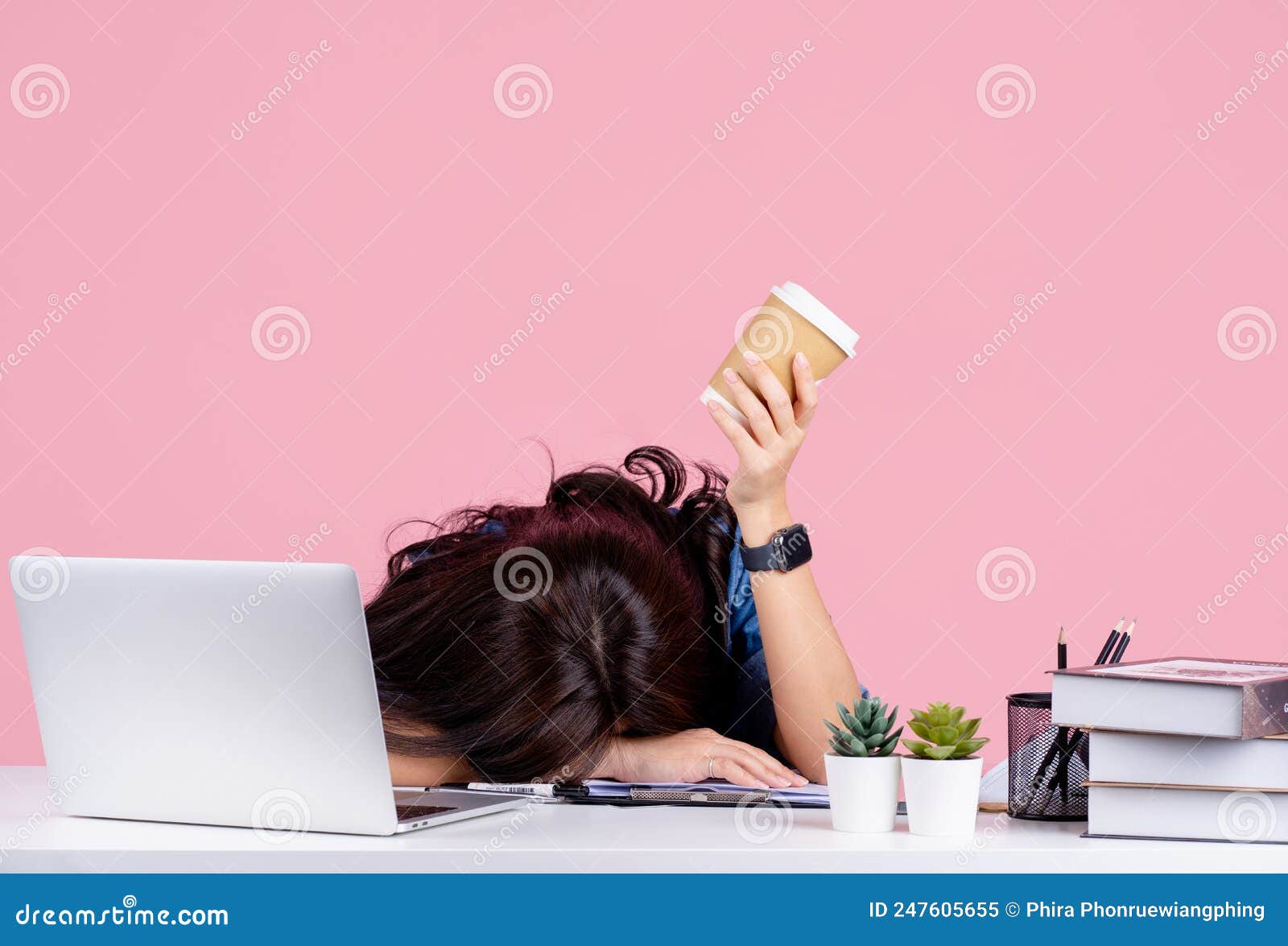 Young Tired Business Woman in Casual Shirt Sit Work and Sleep Laid Her ...