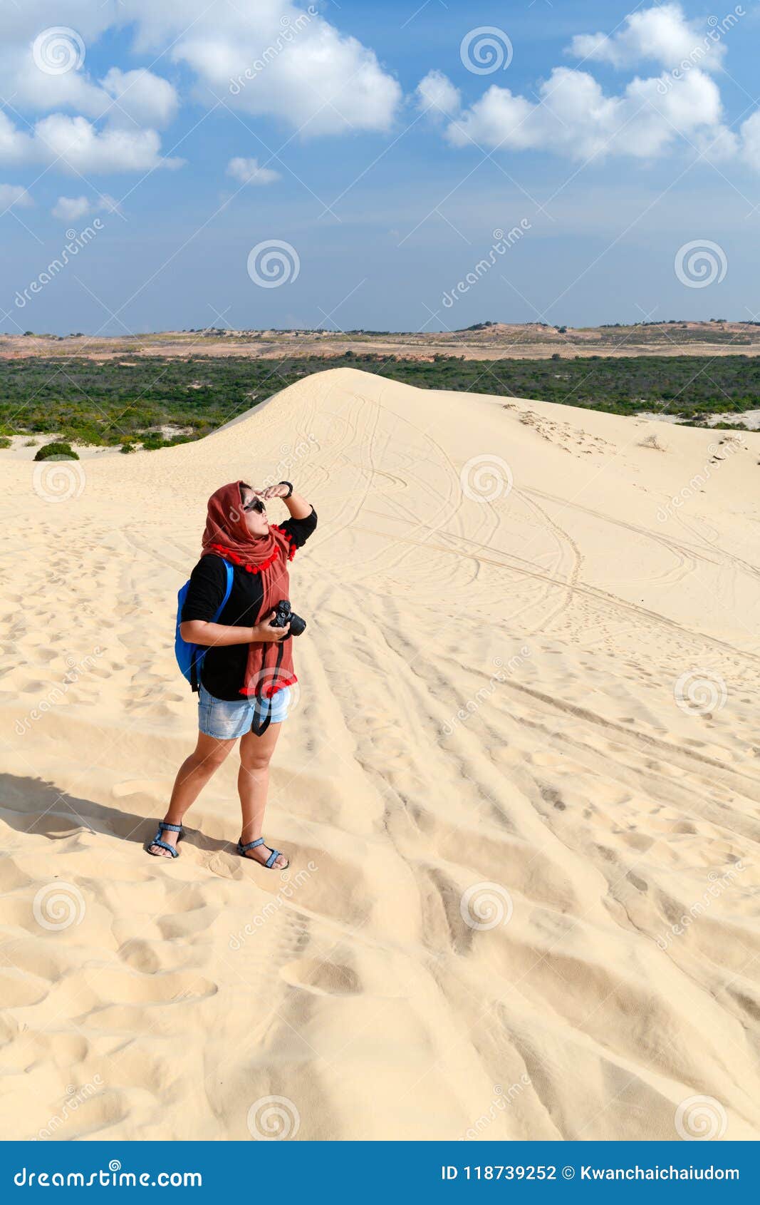 Traveler Holding Camera at White Sand Dune Desert Stock Photo - Image ...