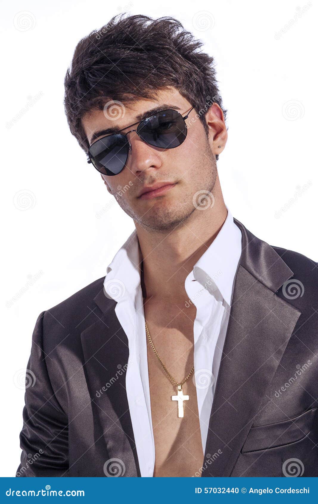 Young Trendy Guy. Italian Man With Sunglasses And Open 