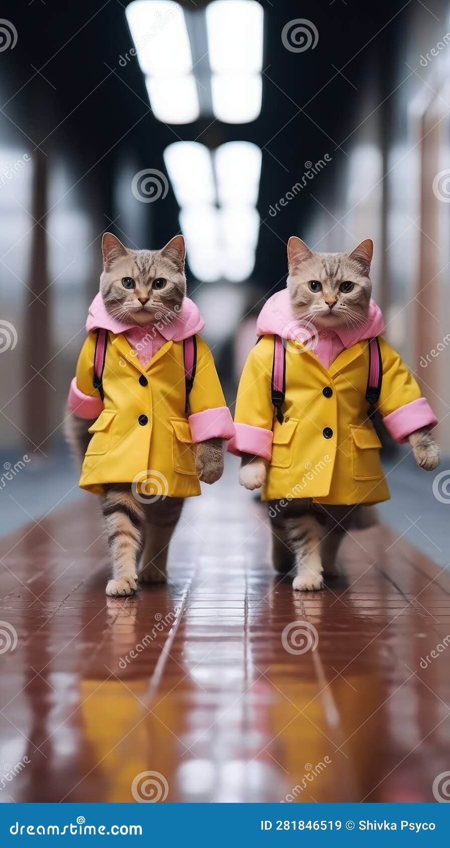 Young Two Cats in Yellow Jackets Wearing School Bags Stock