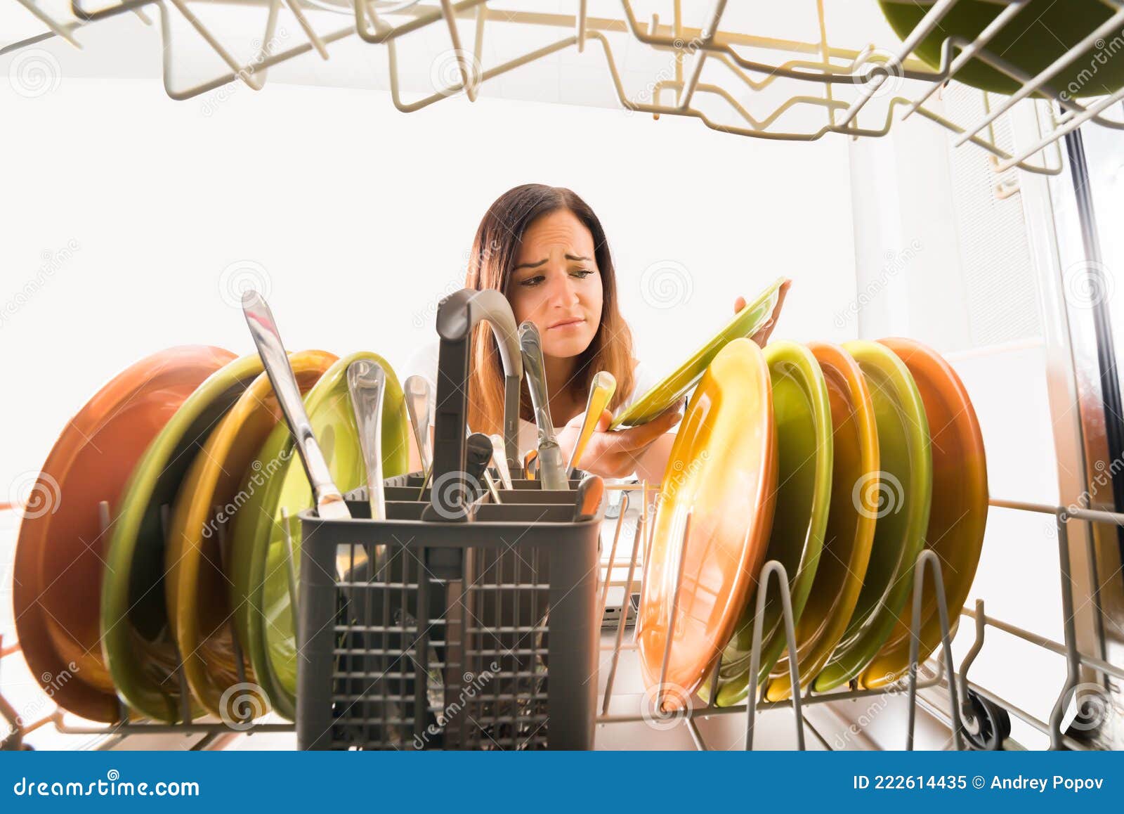 woman looking at plate near dishwasher