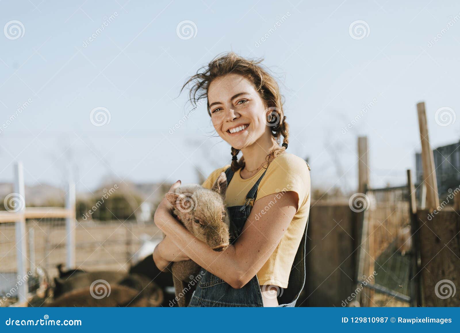 young volunteer with a piglet, the sanctuary at soledad, mojave