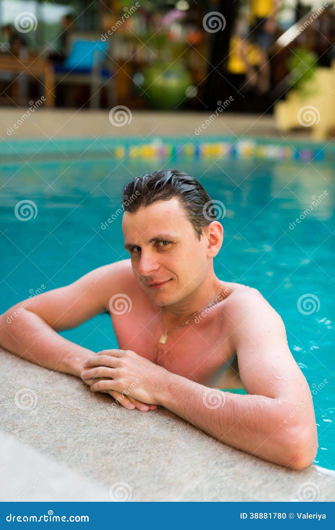 Young Wet Man Posing in the Swimming Pool Stock Photo Image of drops