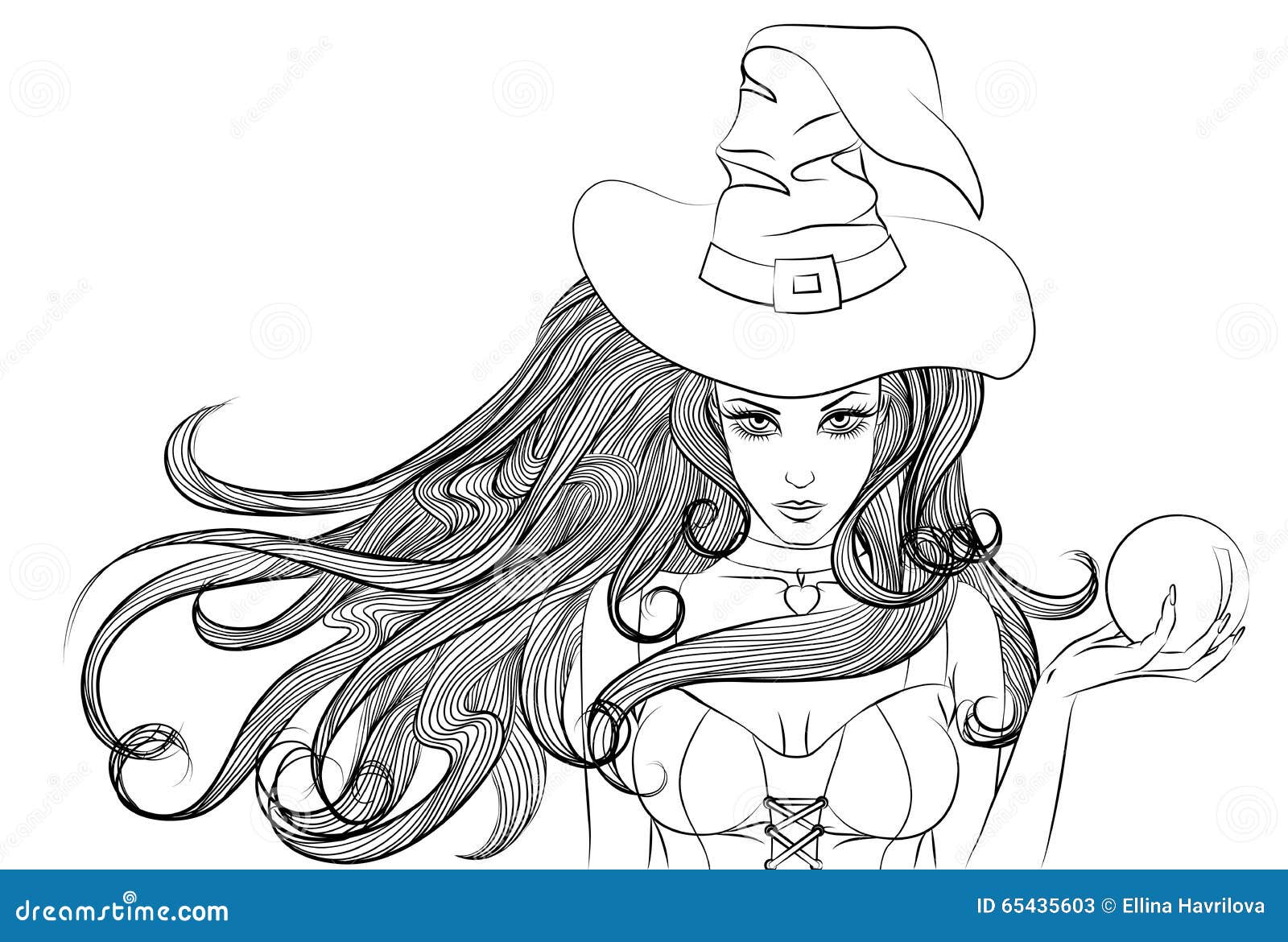 Young Witch With A Magic Ball In Hand Outline Stock Vector 