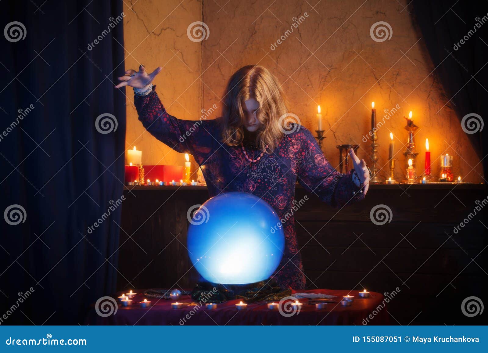 Young Witch with Illuminated Crystal Ball Stock Image - Image of
