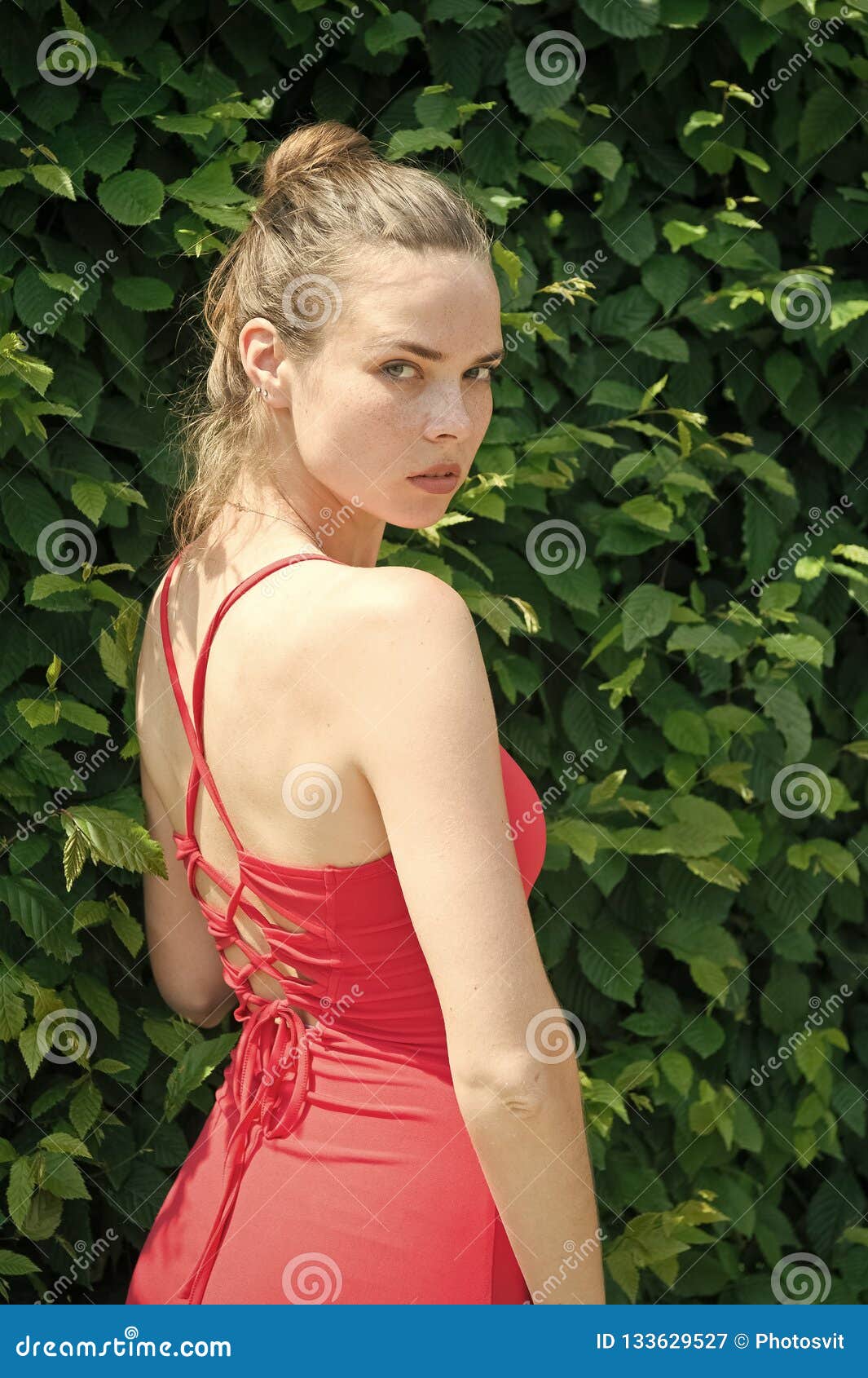 Young Woman, Against Background of Summer Green Park, Green Leaves ...