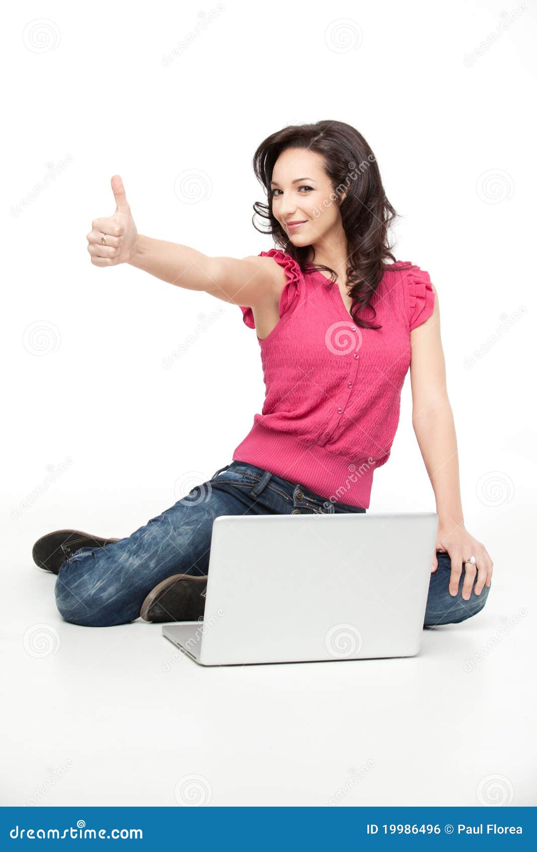young woman approving laptop