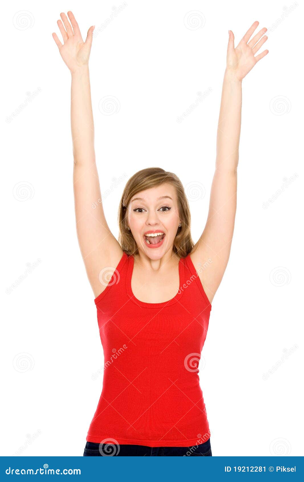 Young Woman with Arms Raised Stock Image Image of happiness, studio