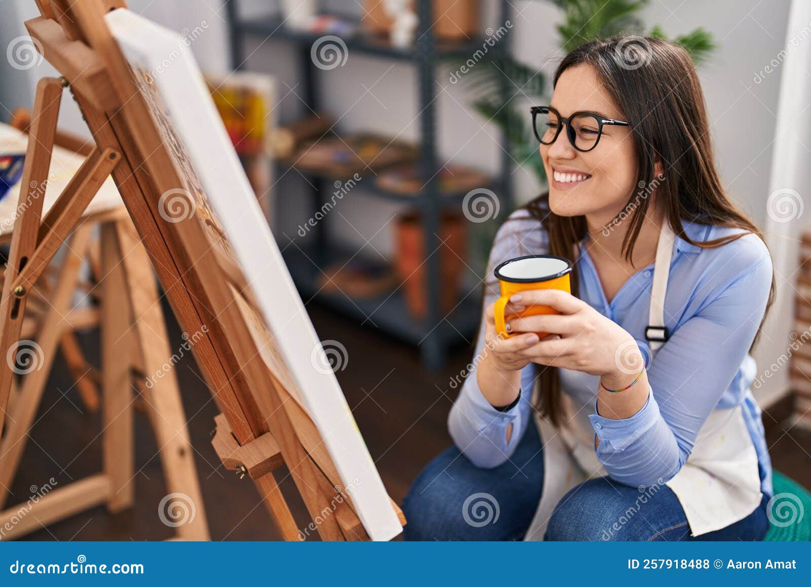 Young Woman Artist Drinking Coffee at Art Studio Stock Photo Image of