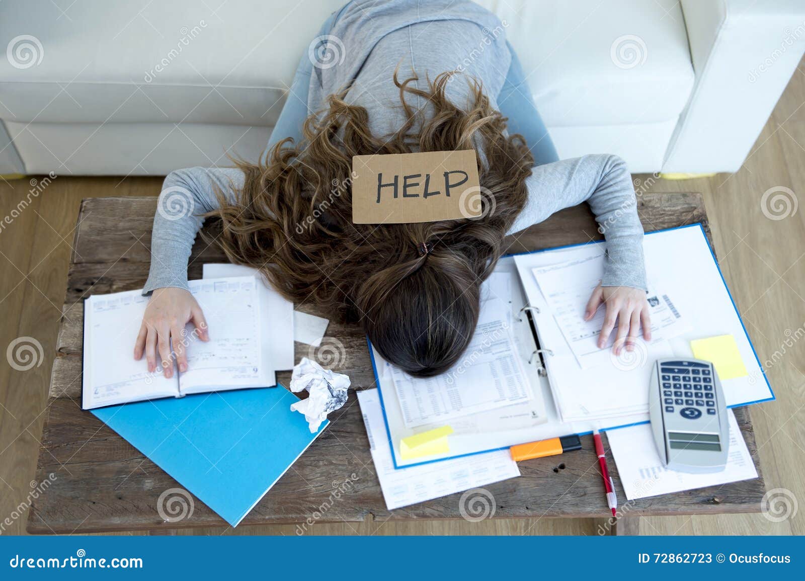 young woman asking for help suffering stress doing domestic accounting paperwork bills