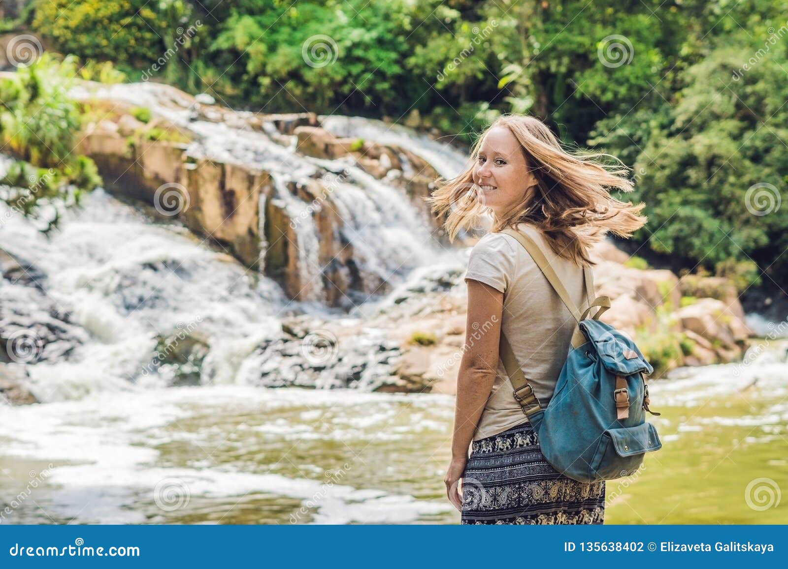 Young Woman on the Background of Beautiful Camly Waterfall in Da Lat ...