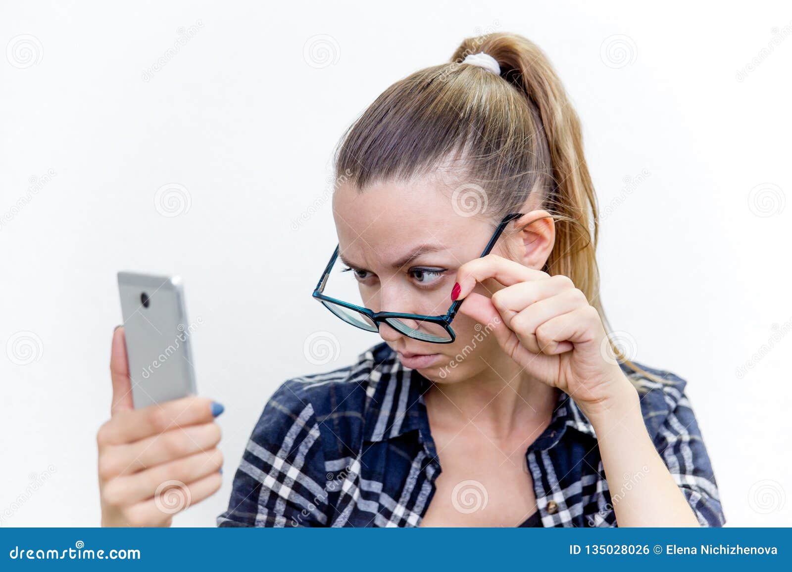 A Cute Girl With Bad Eyesight Young Woman with Bad Eyesight with Glasses and Contact Lenses Stock