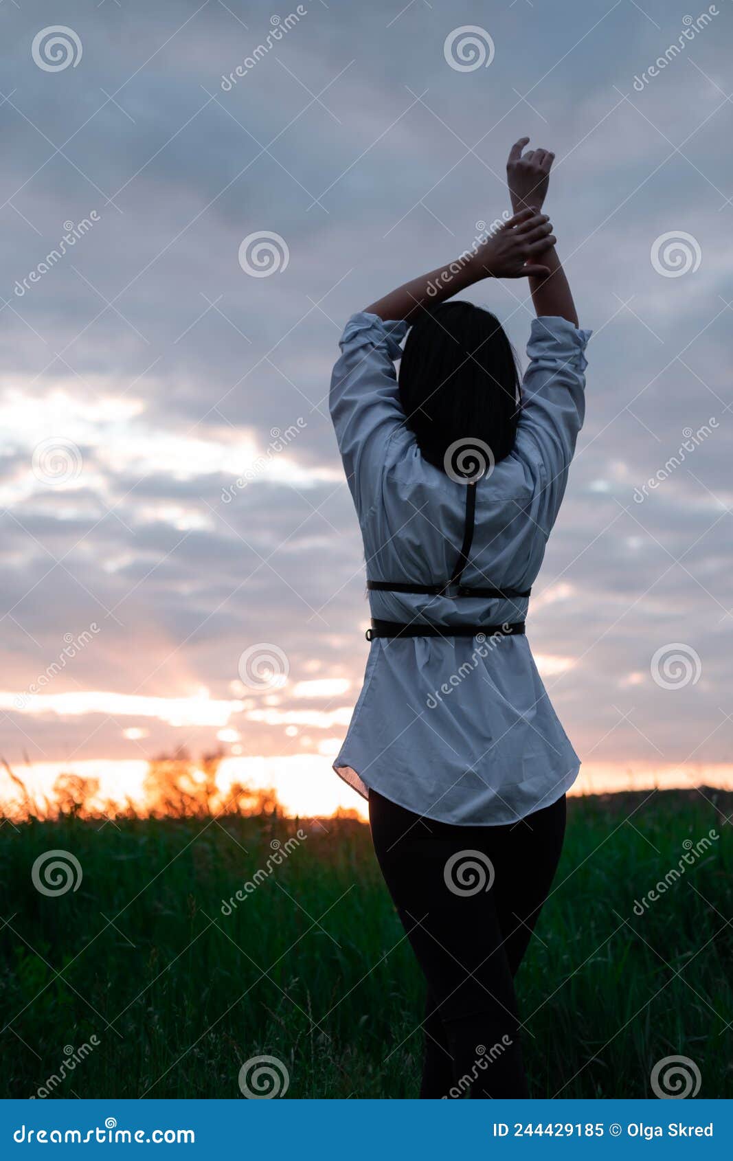Young Woman in Baldric on the Summer Field on Sunset or Sunrise ...