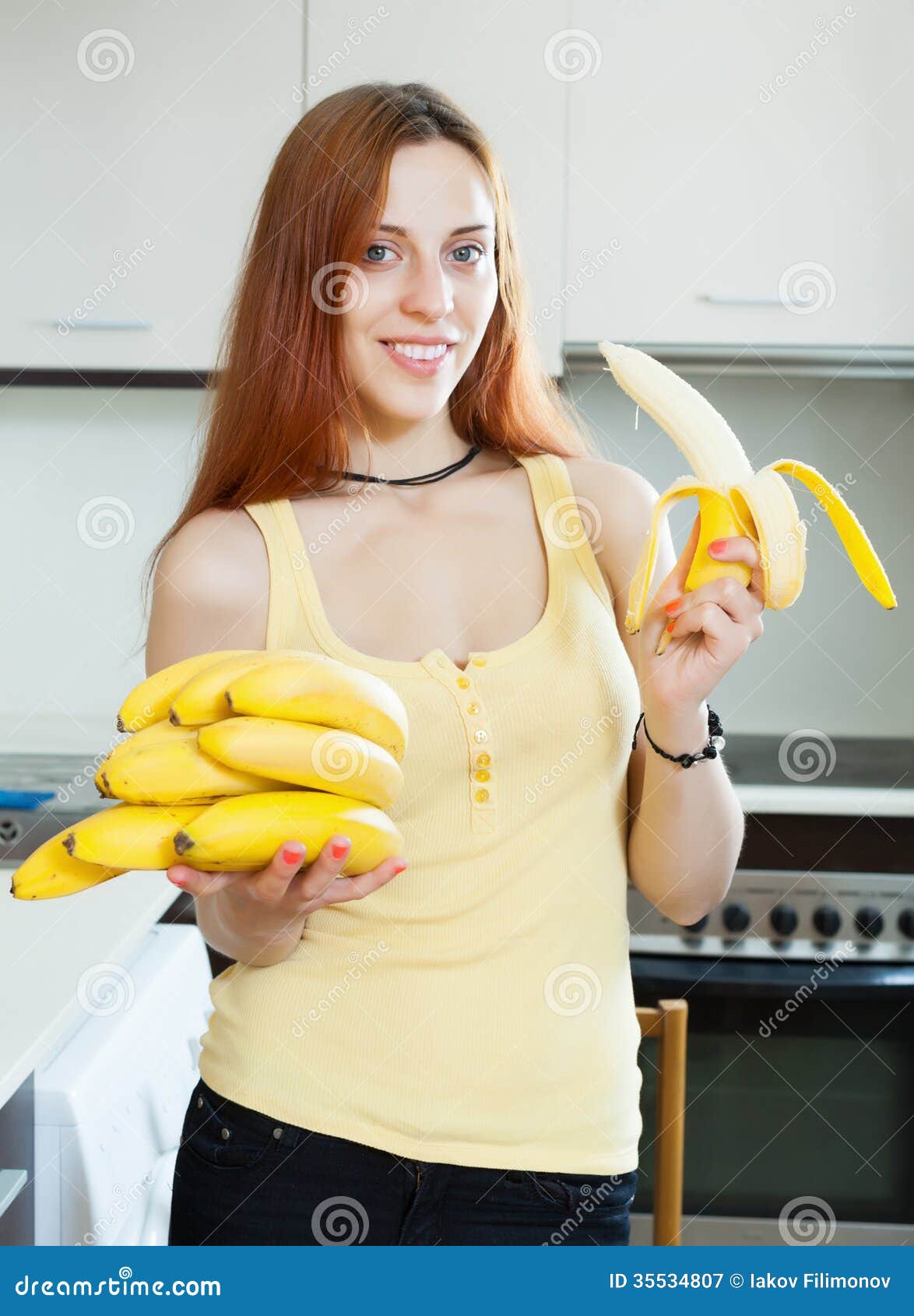 Woman With Bananas In Hands In Hat Exotic Fruits Lifestyle Pink Background Royalty Free Stock