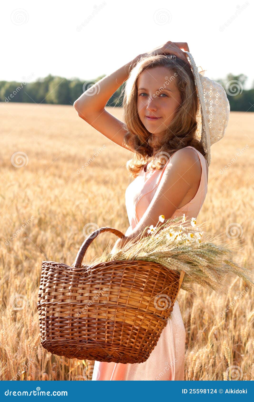 Young Woman with Basket Full of Ears Wheat and Hat Stock Photo - Image ...