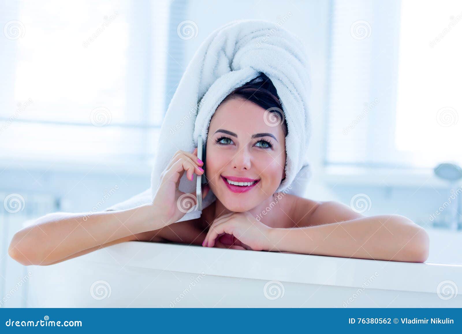 Young Woman in Bath with Phone Stock Photo - Image of caucasian ...