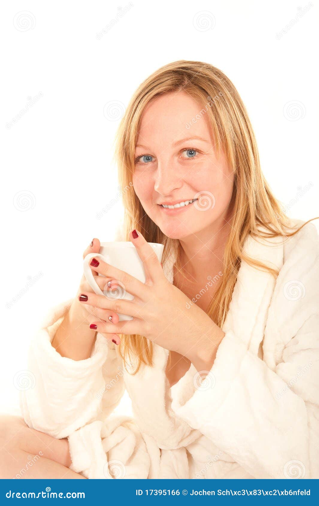 Young Woman in Bathrobe Drinking Coffee in Bed Stock Photo Image of
