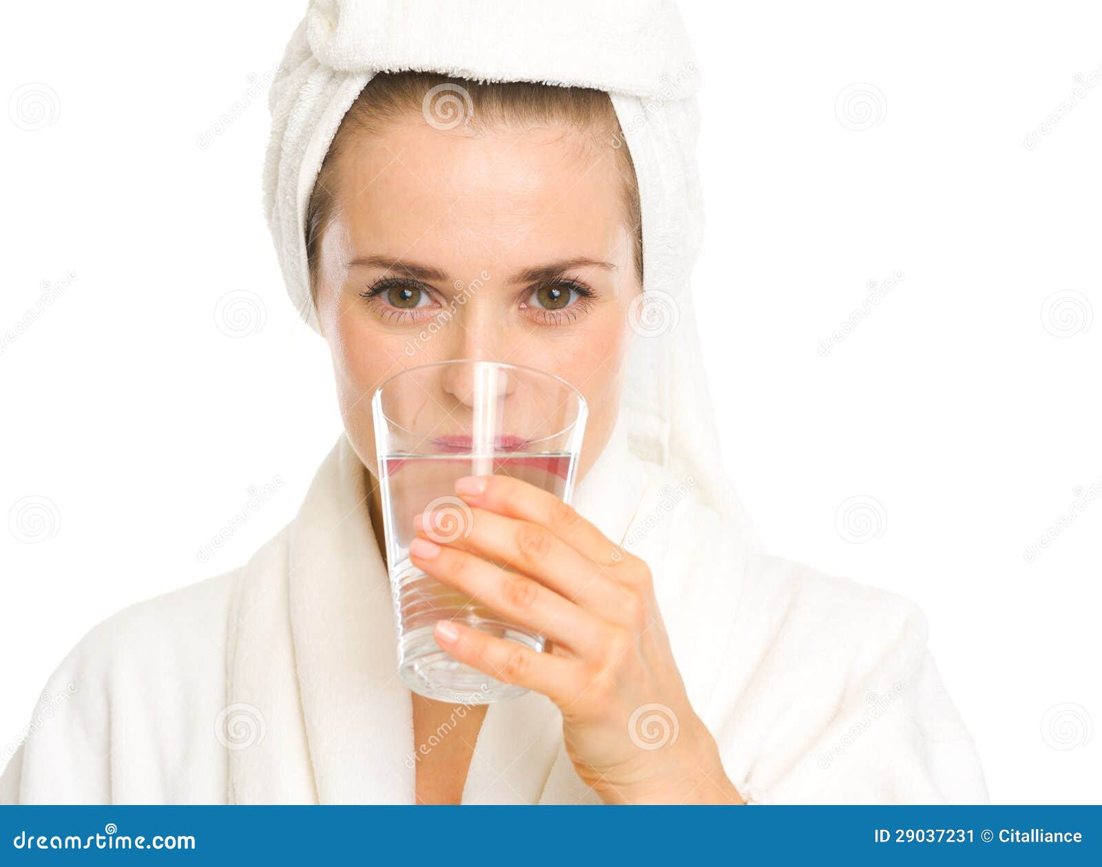 Young Woman in Bathrobe Drinking Pure Water Stock Image Image of