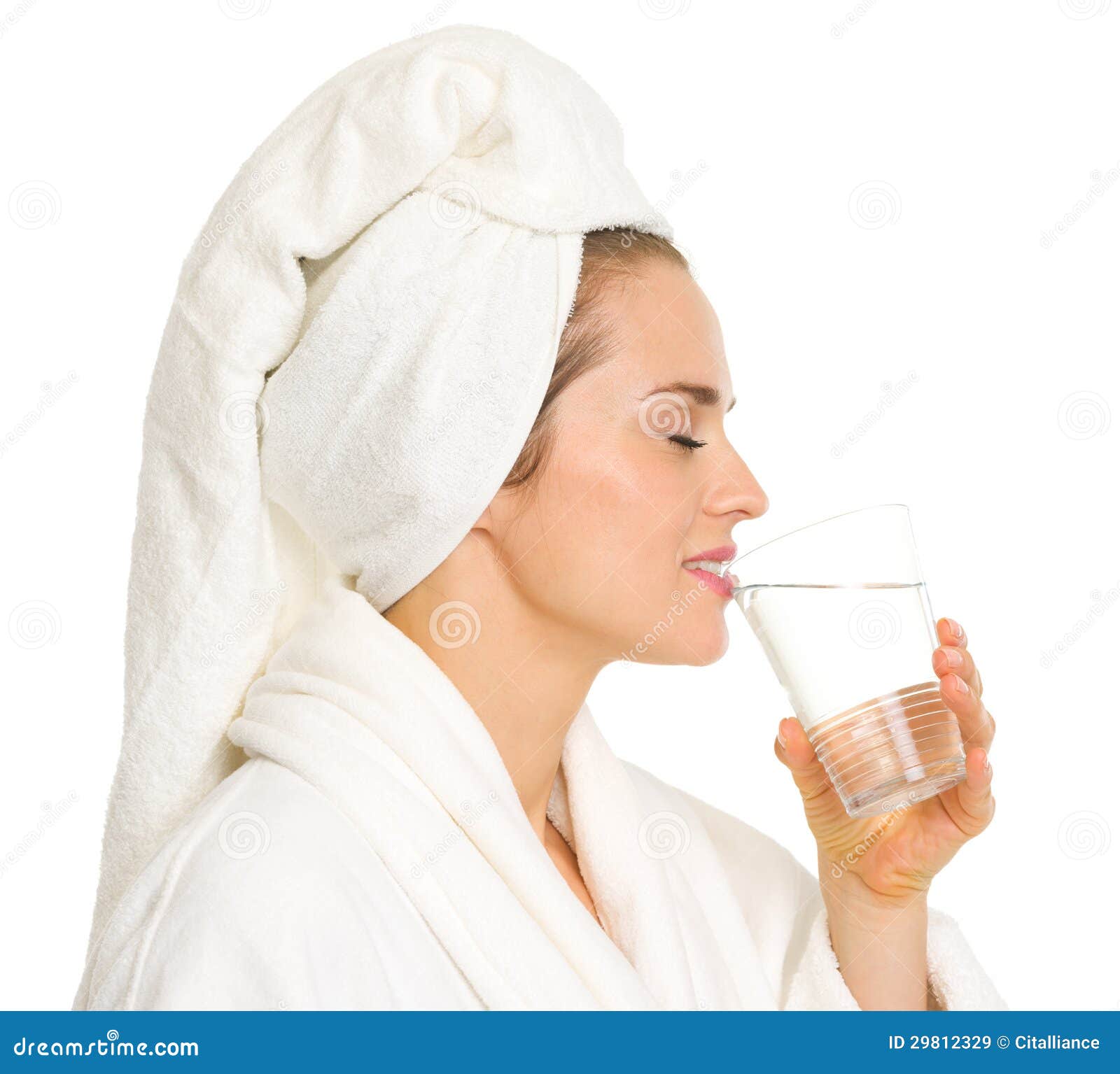 Young Woman in Bathrobe Drinking Water Stock Image Image of