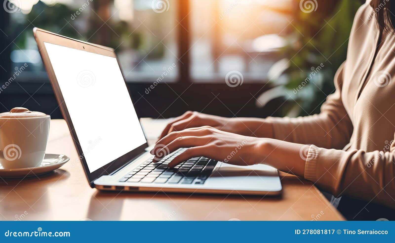 young woman with beautiful hands using laptop computer.generater by ai