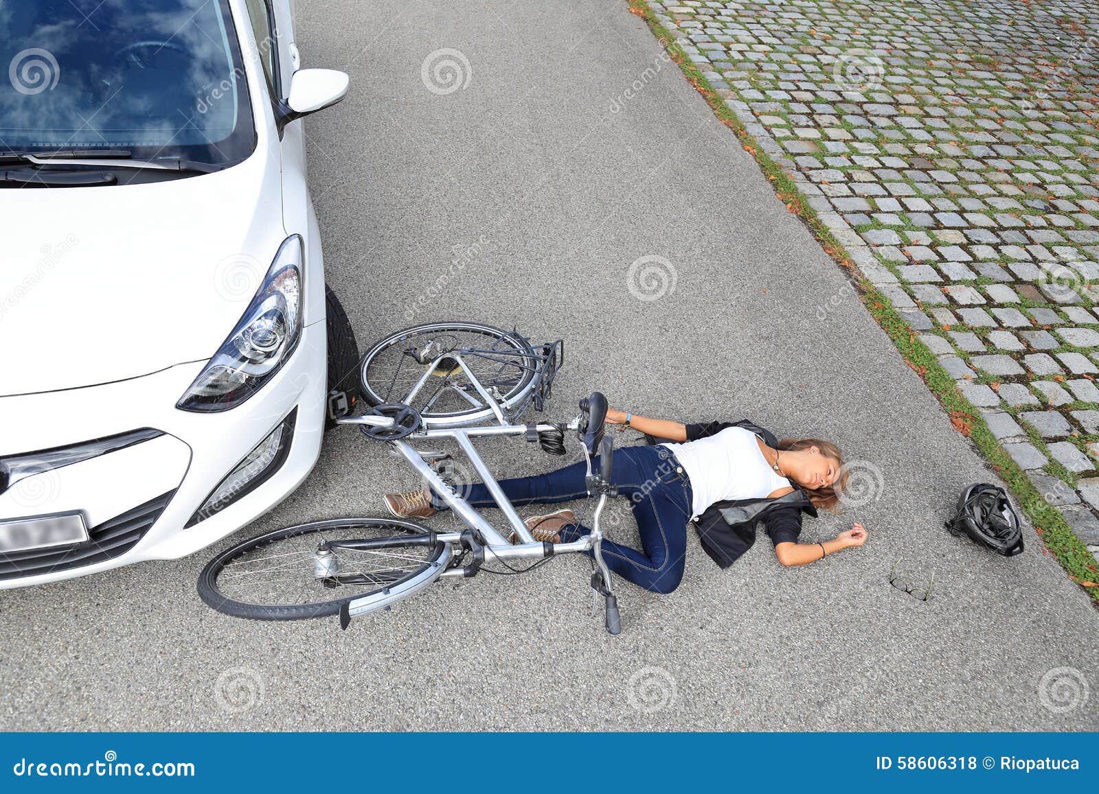Young Woman with Bicycle Accident Stock Photo - Young Woman Bicycle AcciDent 58606318