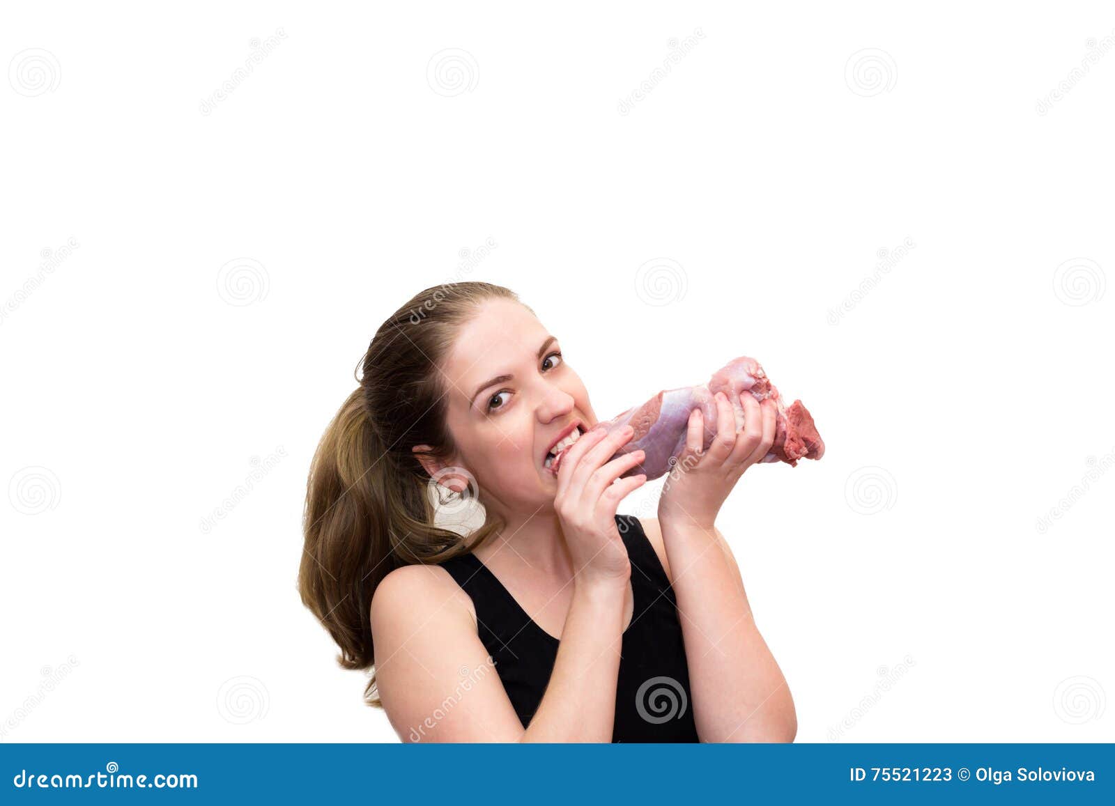 Young Woman Bite a Piece of Meat Stock Image Image of healthy, lamb 75521223