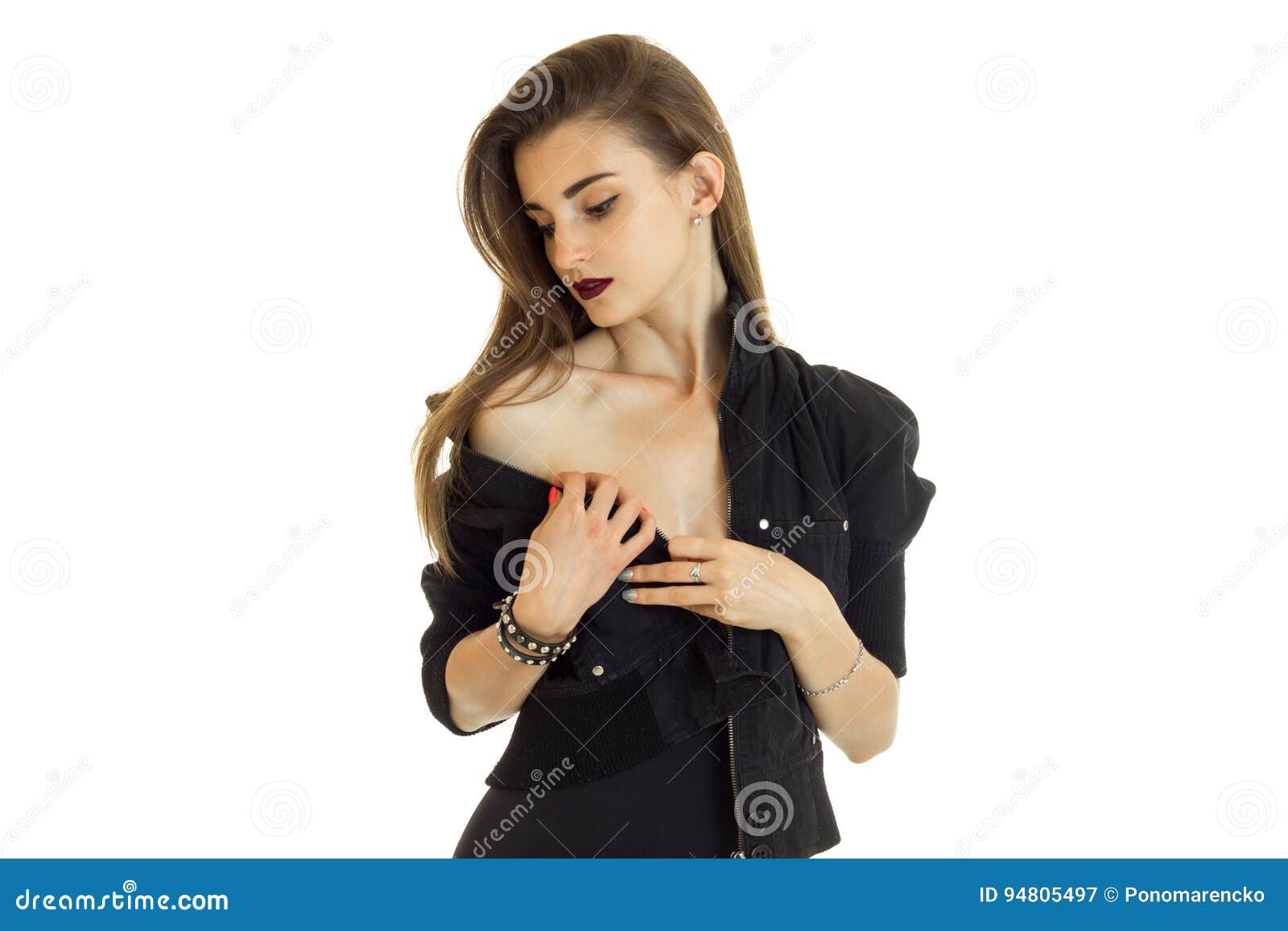 https://thumbs.dreamstime.com/z/young-woman-black-jacket-bra-looking-down-isolated-white-background-94805497.jpg