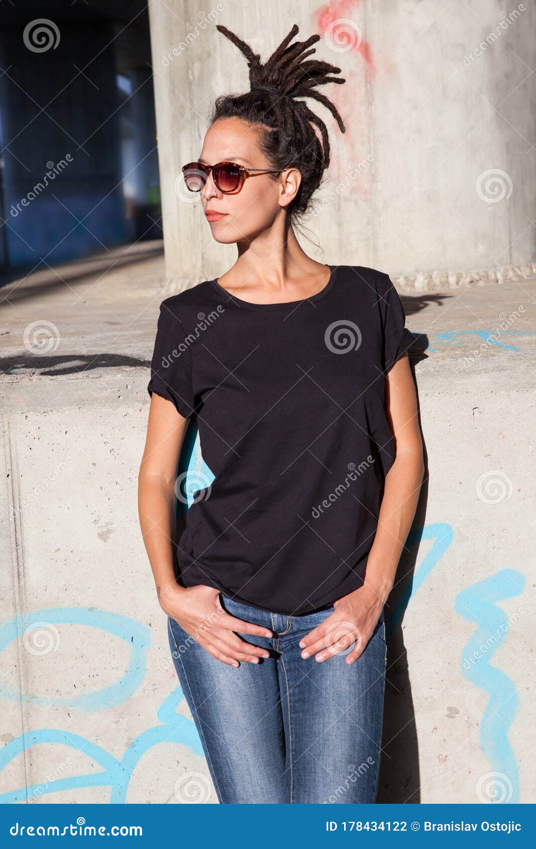 Young Woman in Black T Shirt and Jeans with Dreadlocks Hairstyle Sunglasses  and Outdoor in City Spring Summer Day Stock Photo - Image of hairstyle,  woman: 178434122