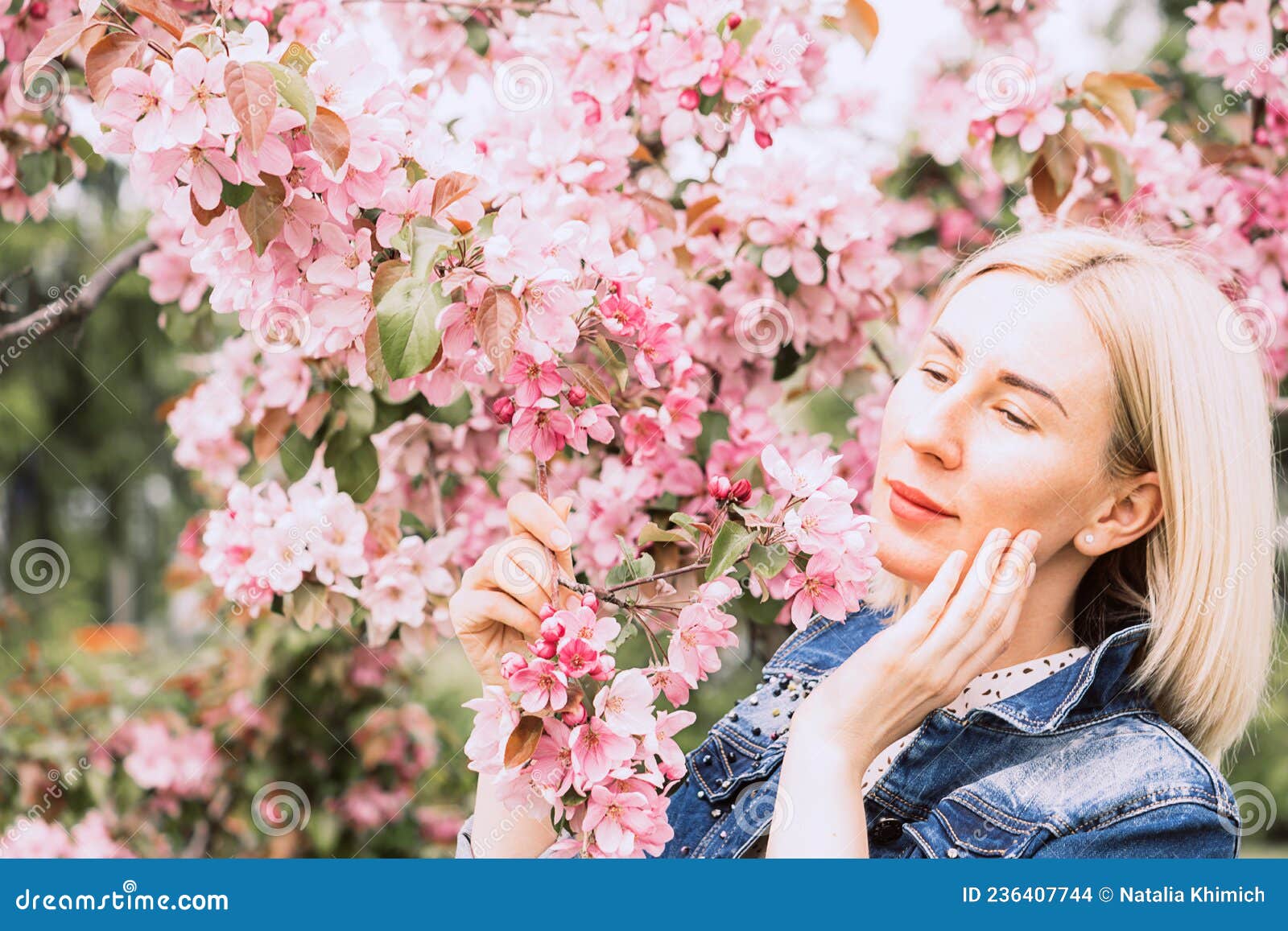 Young Woman Among The Blossoming Trees Spring Nature Park Or Garden Flowering Trees Stock