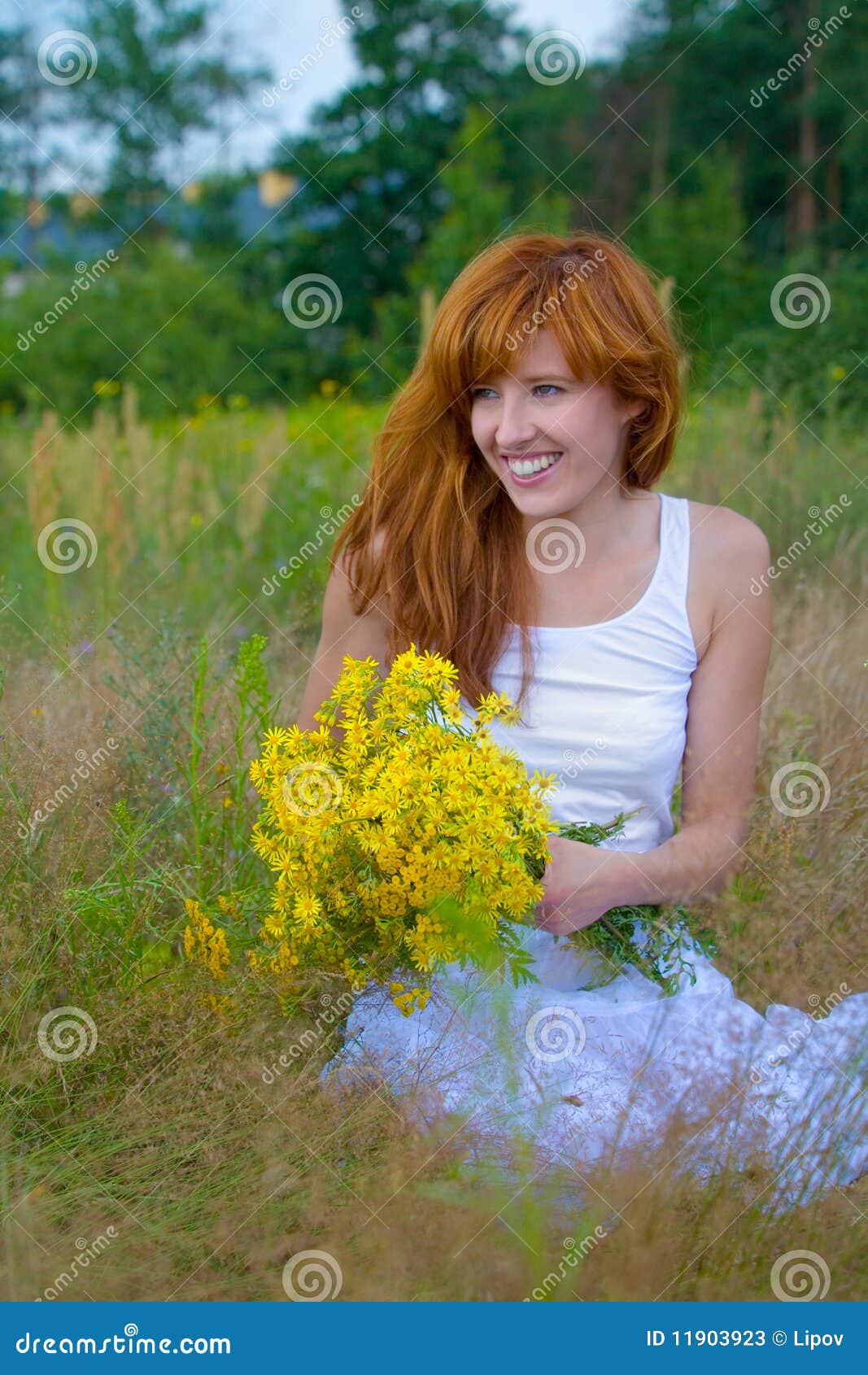 Young Woman with Bouquet of Wild Flowers Stock Image - Image of outdoor ...