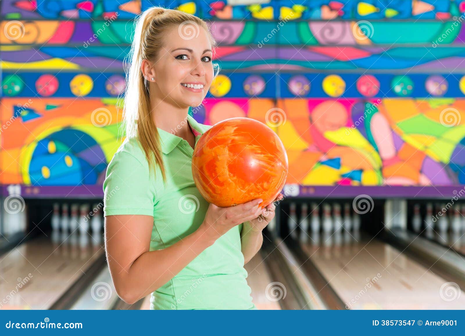 Young Woman Bowling Having Fun Stock Image Image of recreational