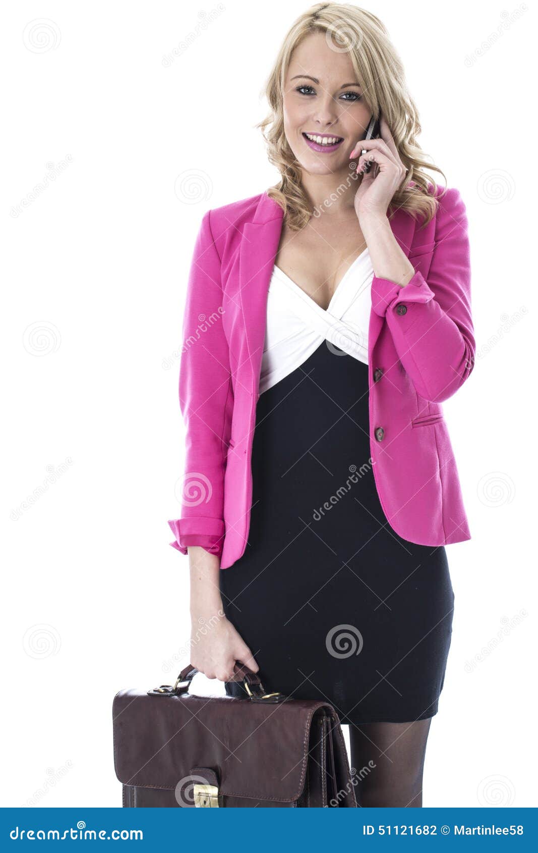 Young Woman with a Briefcase and Mobile Cell Phone Stock Photo Image