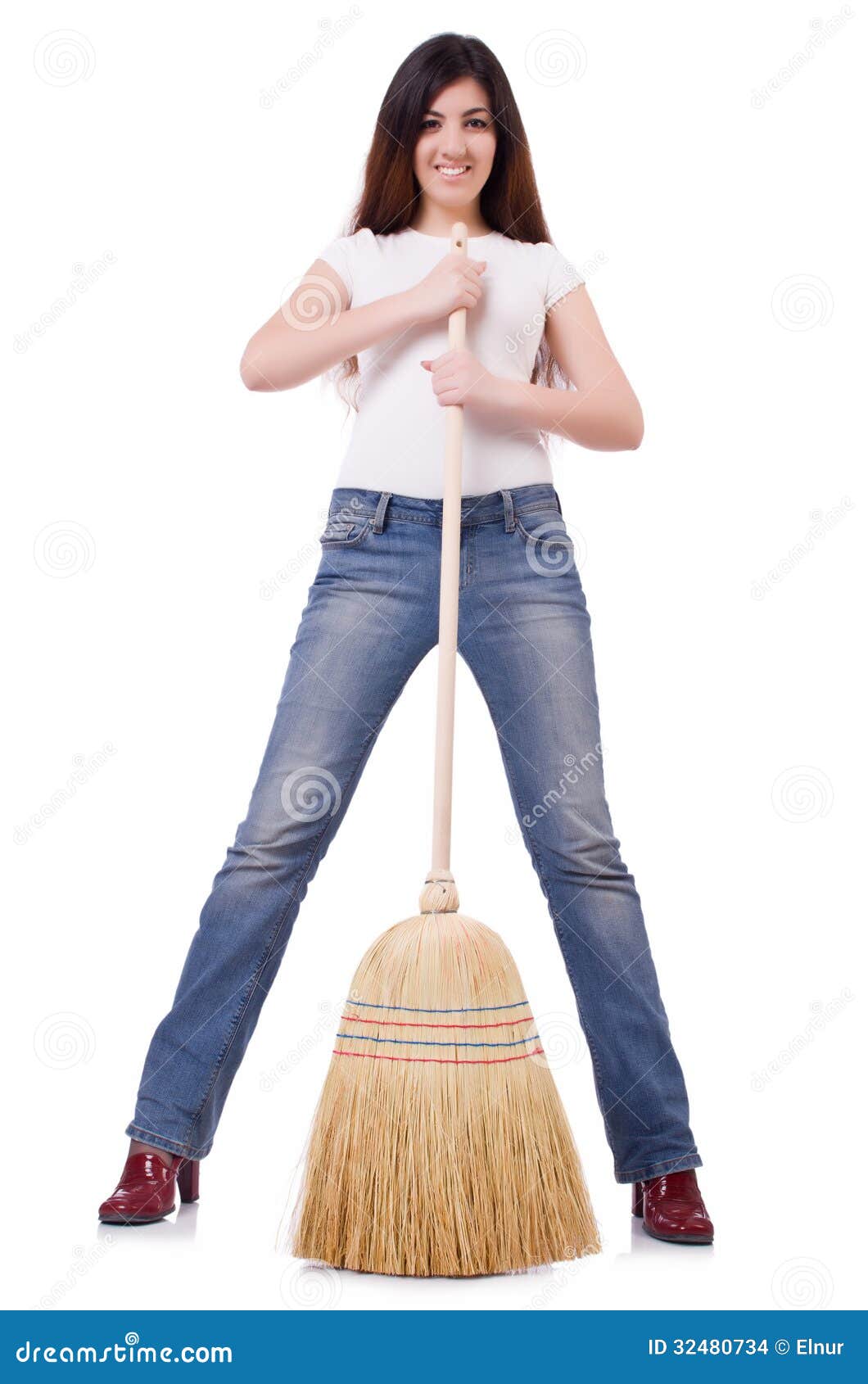 Young woman with broom stock photo. Image of cheerful 32480734