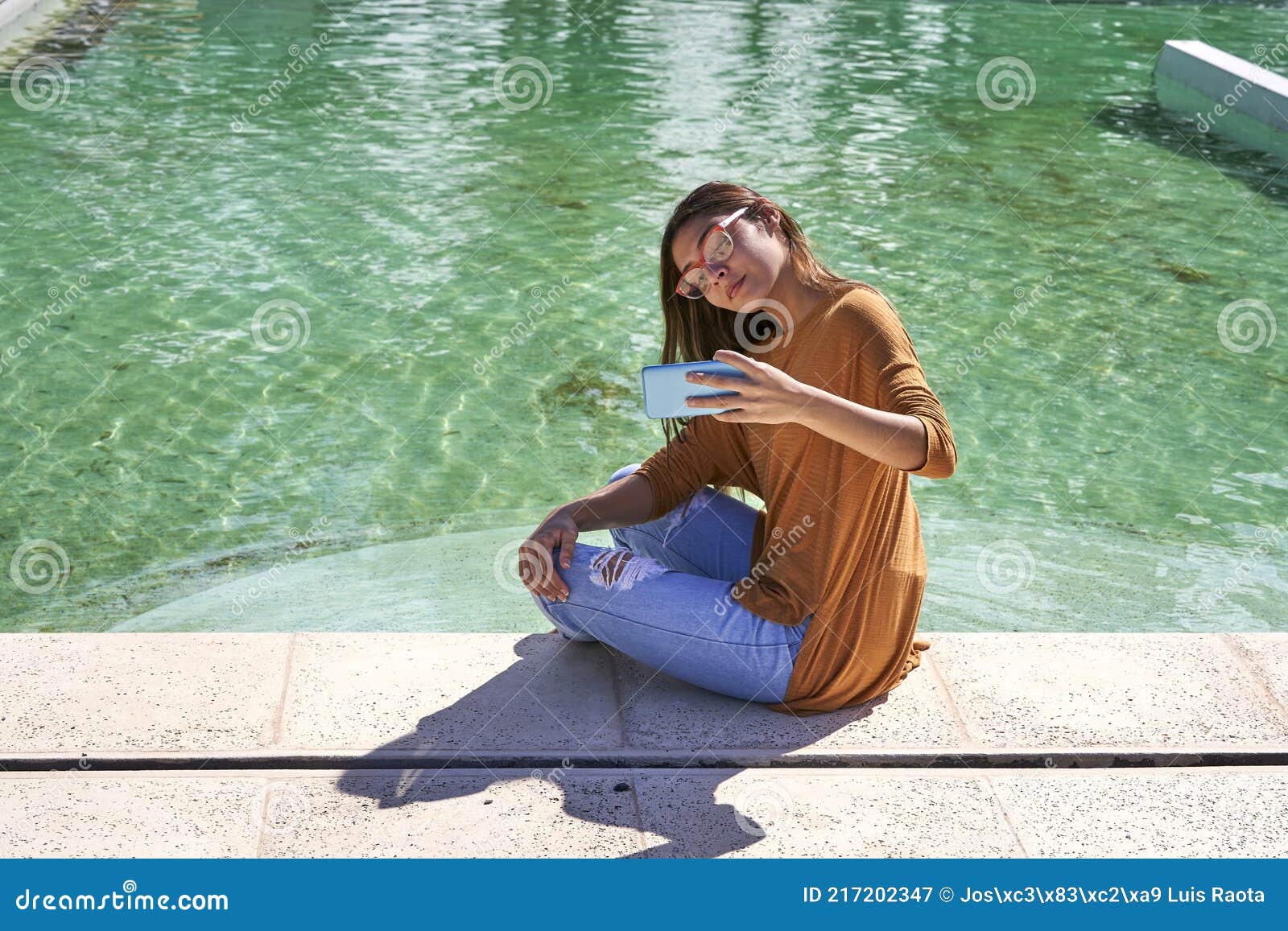 Beautiful Latin Woman Taking Selfie At Pool Stock Image Image Of Holiday Phone 217202347 