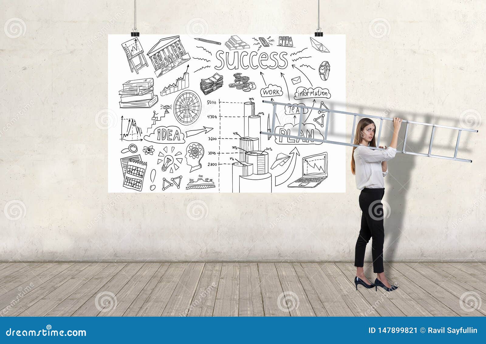 Young Woman Carrying A Ladder By A Wall With Business Plan Sketch On A White Banner 3d Render Elements In Collage Stock Image Image Of Seminar Idea