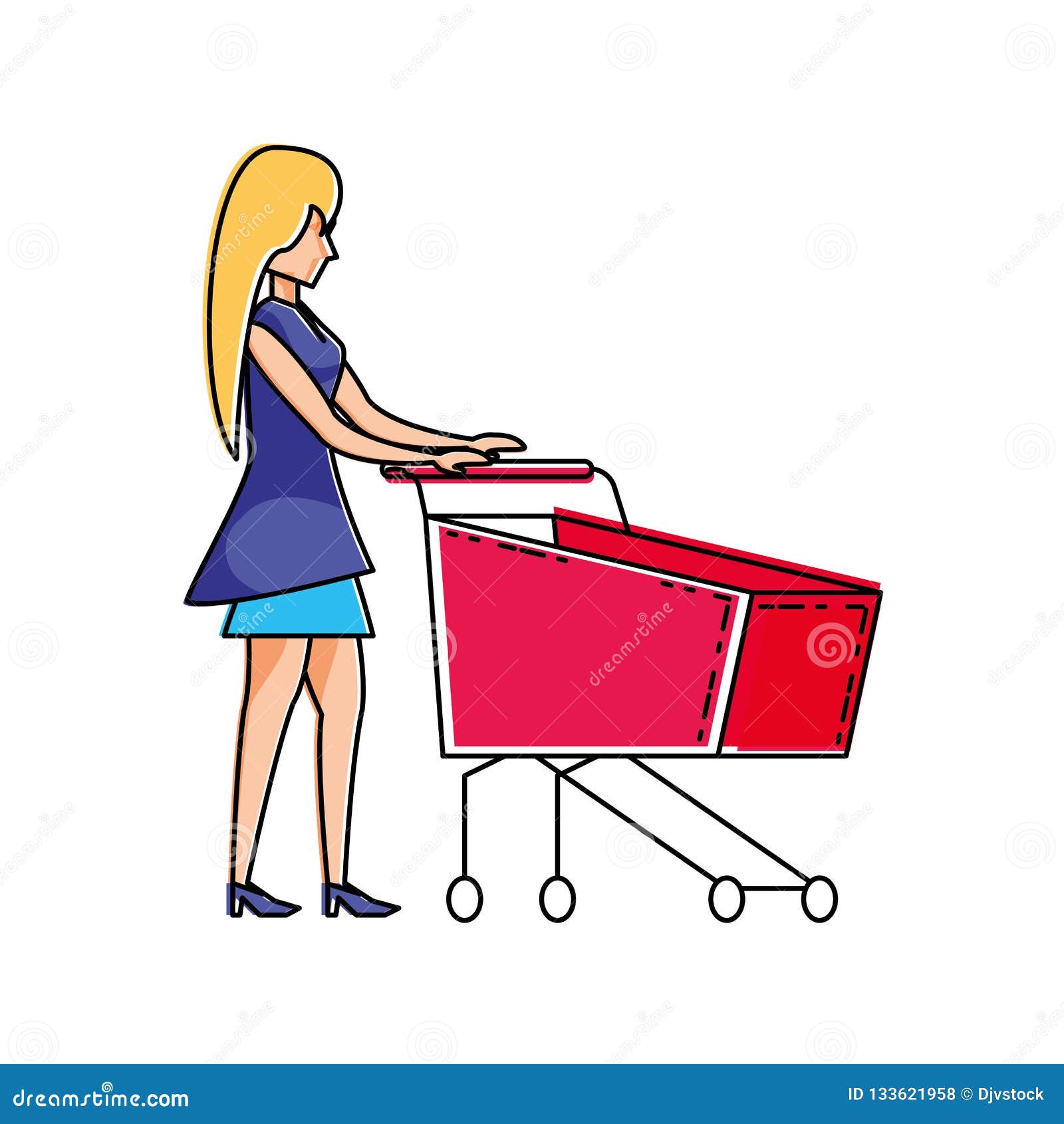 Young Woman with Cart Shopping Stock Vector Illustration of