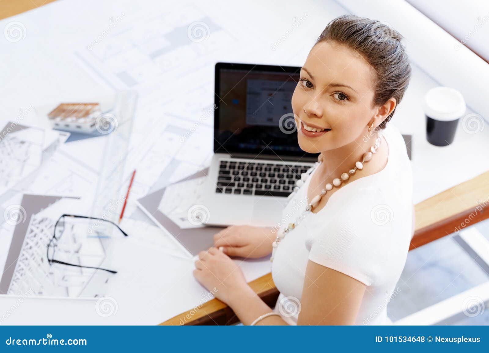 Young Woman Architect in Office Stock Photo Image of blueprint