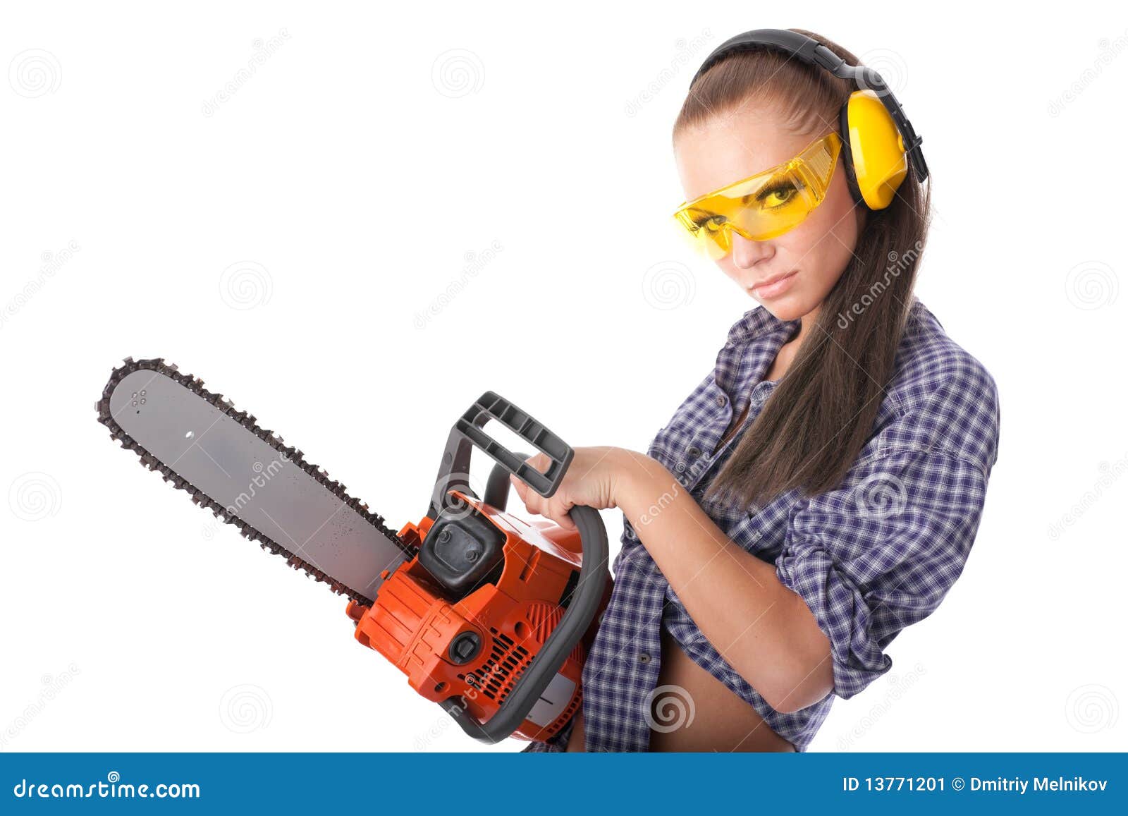 Beauty Woman With Chainsaw Royalty-Free Stock Photography