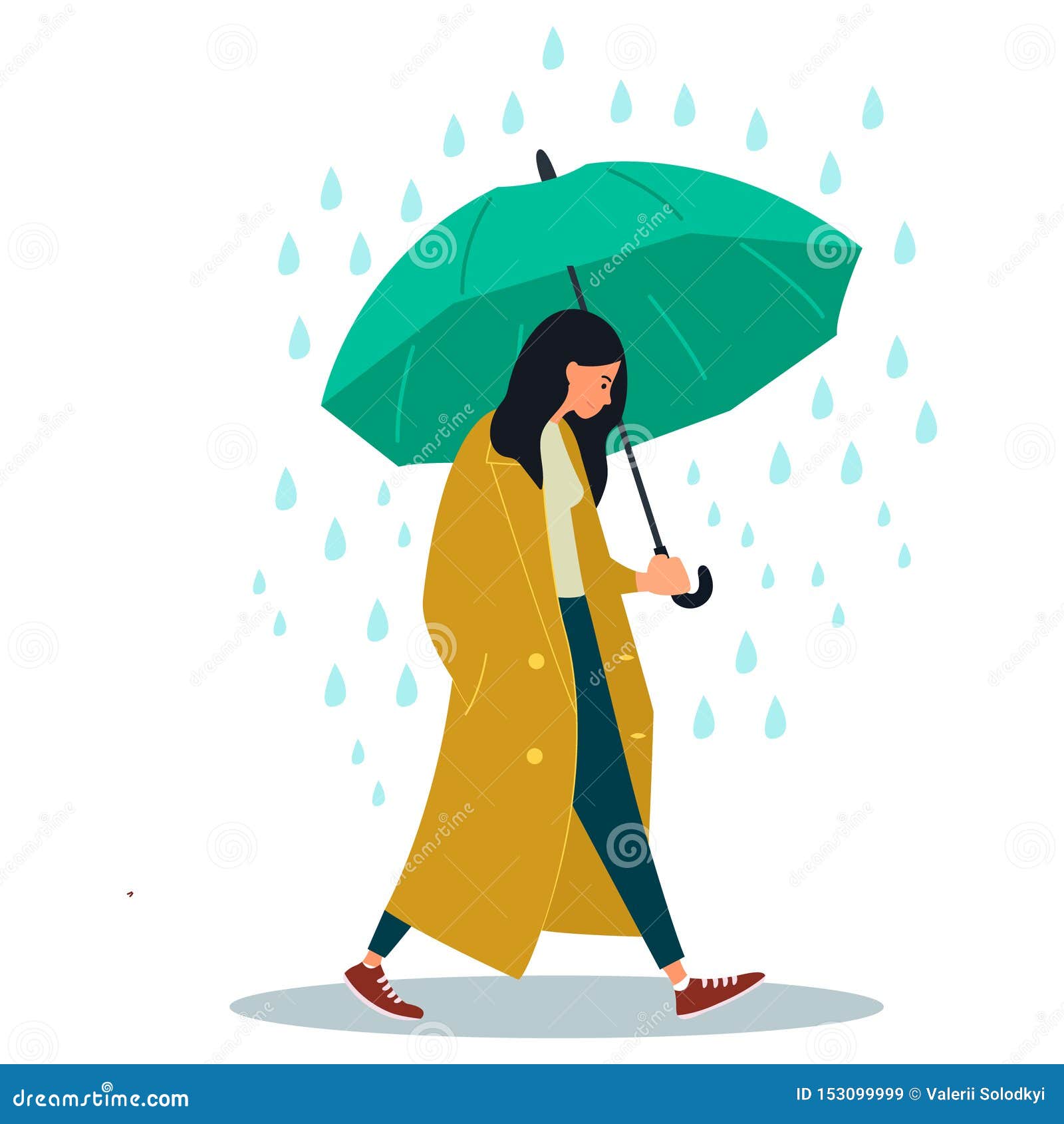 Young Woman Character Walking with Umbrella Under a Rain. Vector  Illustration on White Background in Cartoon Style Stock Vector -  Illustration of people, cartoon: 153099999