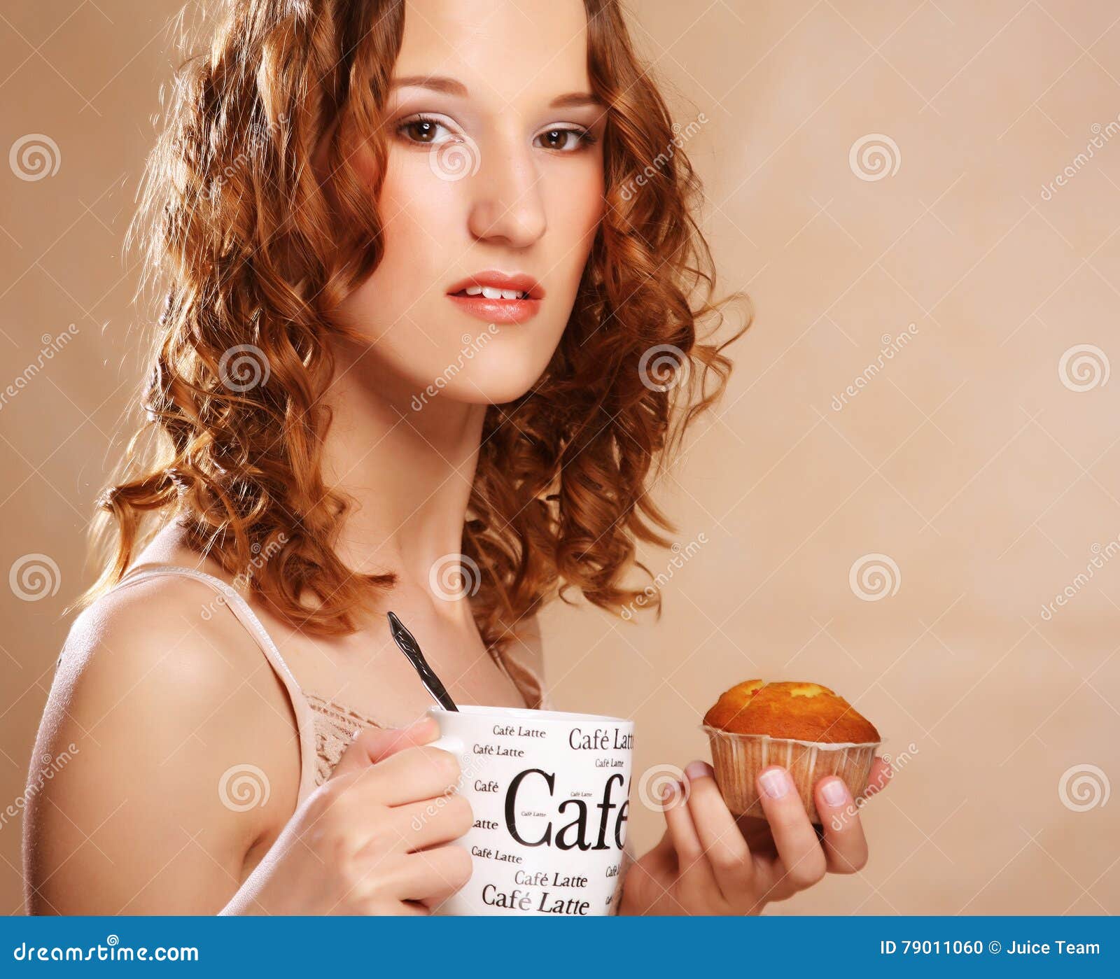 Young Woman with Coffee and Cake Stock Photo Image of house, food