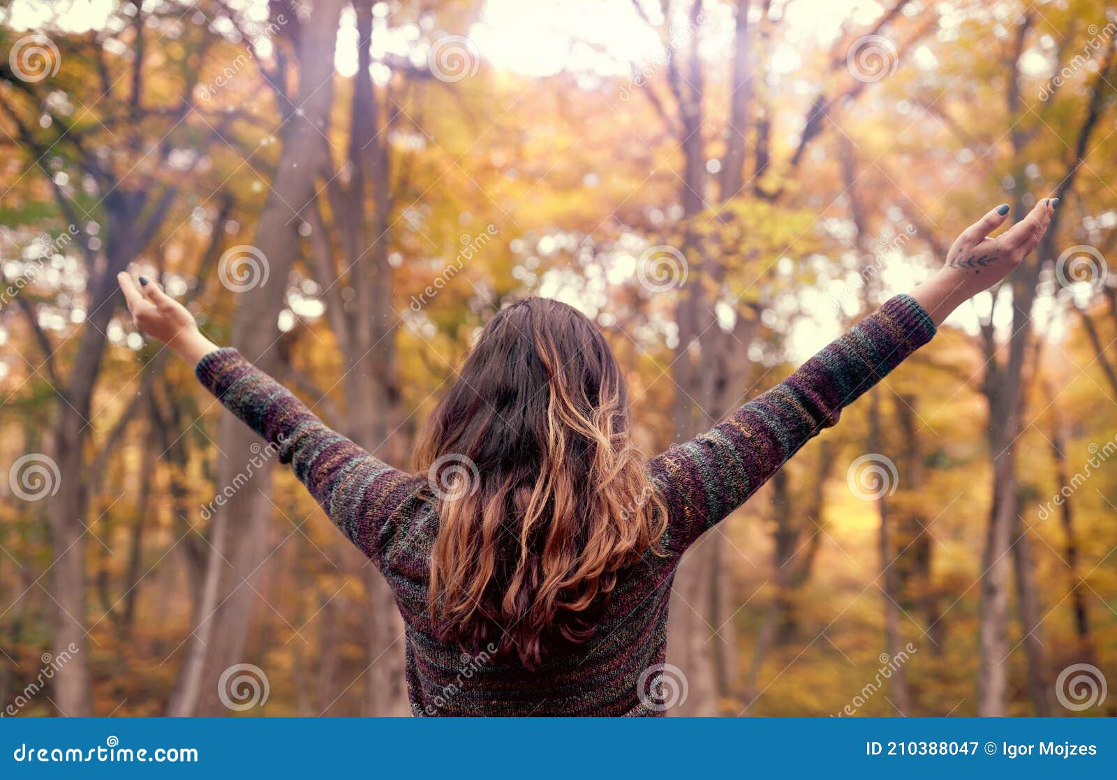 young woman connecting with nature with open arms showing gratitude for life, mindfulness concept