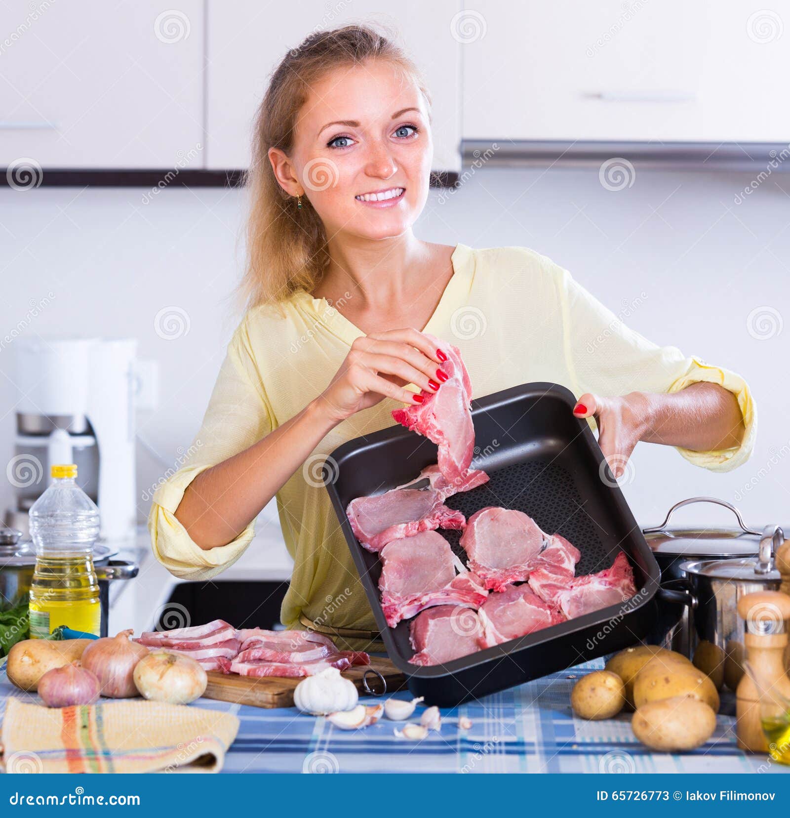 Young Woman Cooking Meat At Home Stock Image Image Of