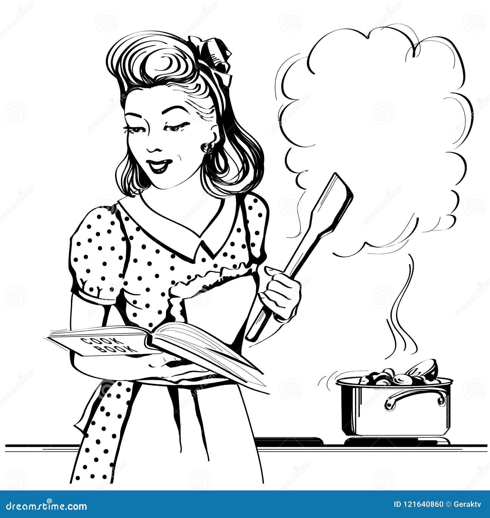 Retro Young Woman Cooking Soup in Her Kitchen Room.Vector Graphic ...