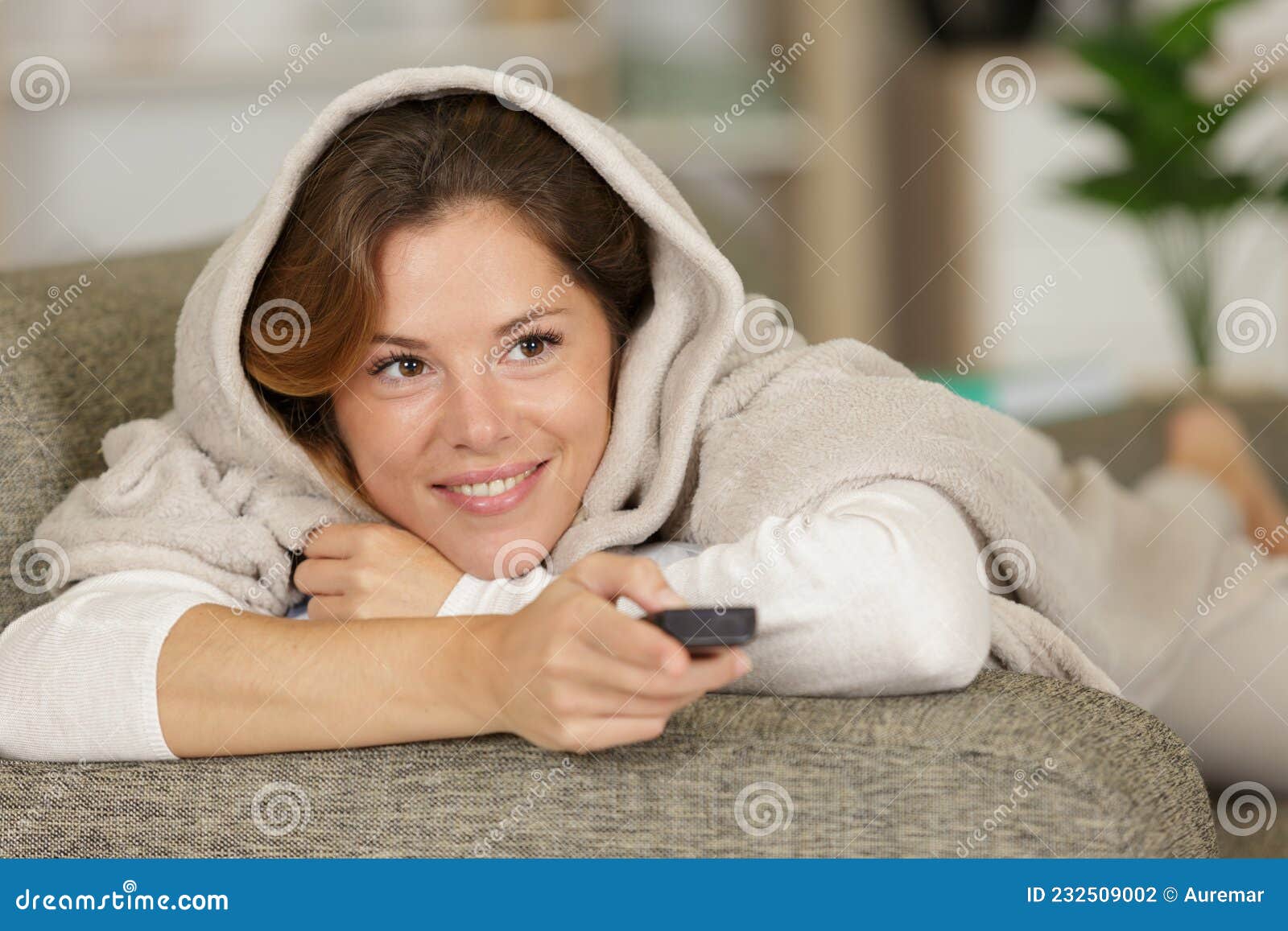 Young Woman Covered with Blanket Watching Tv Stock Photo Image of
