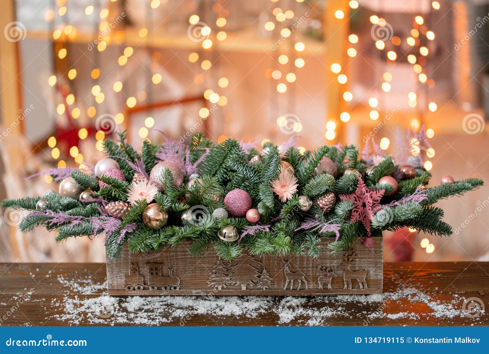 Beautiful Festive Arrangement of Fresh Spruce, Pink Ornamentals in a ...