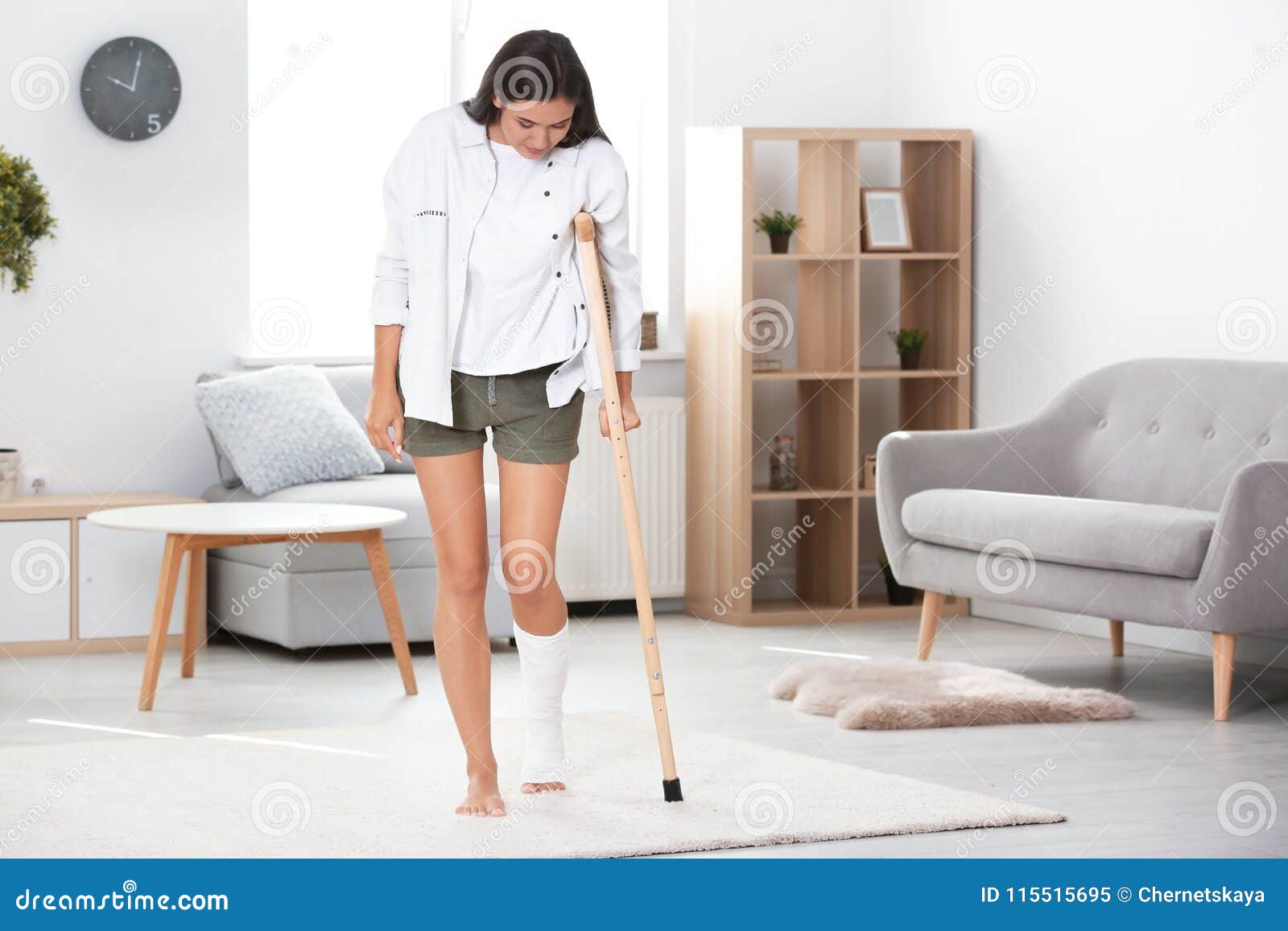 Young Woman With Crutch And Broken Leg In Cast Stock Image Image Of 